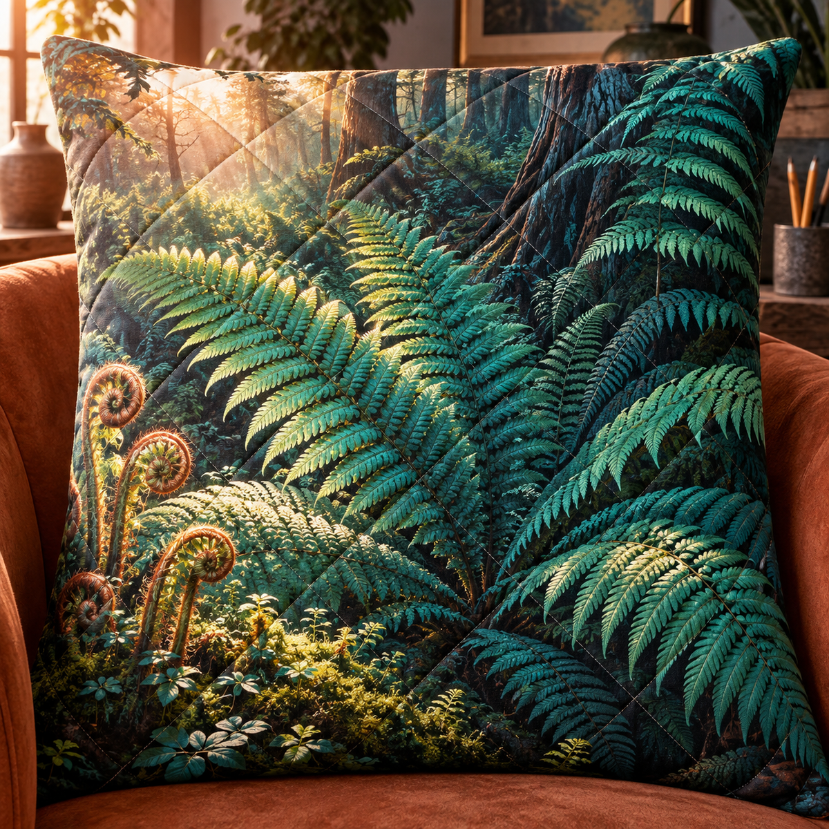 Fern Rosette Creative Sanctuary Quilted Cushion Cover with printed optical 3D artwork in its use setting