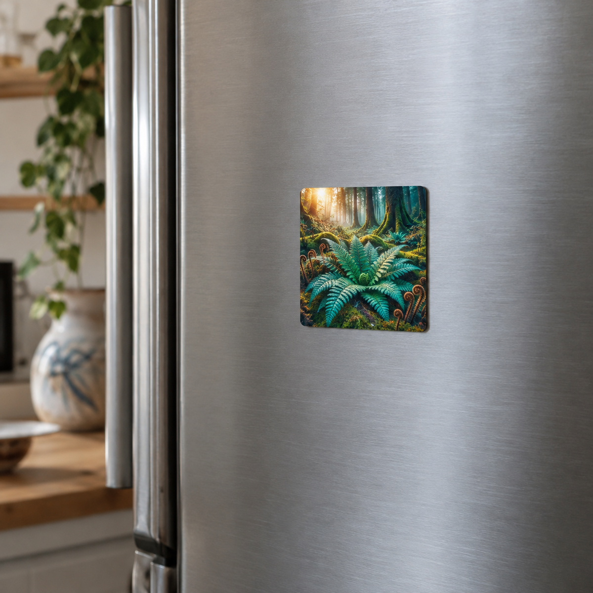 Fern Rosette Creative Sanctuary Acrylic Refrigerator Magnet with printed optical 3D artwork in its use setting