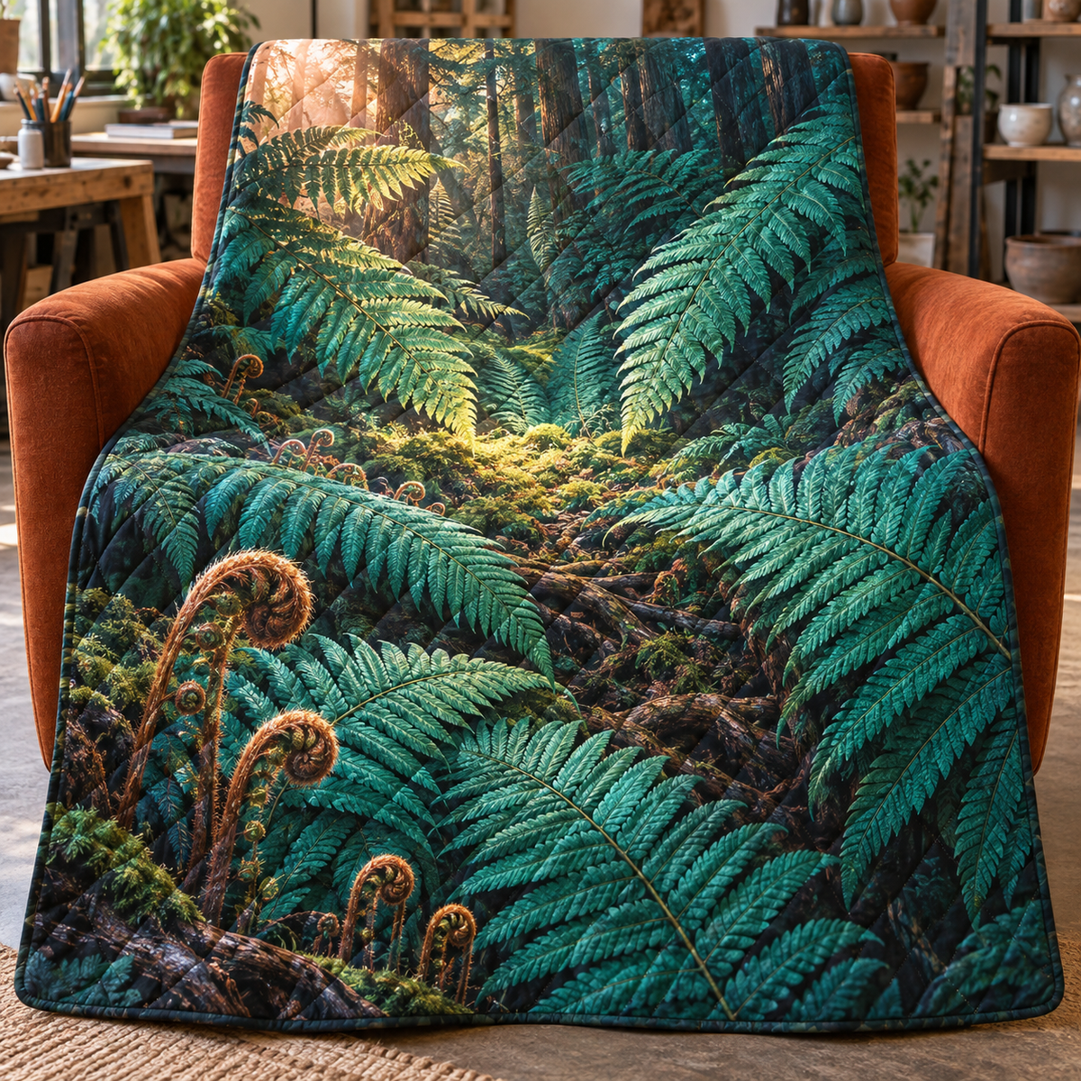 Fern Rosette Creative Sanctuary Quilt Blanket with printed optical 3D artwork in its use setting