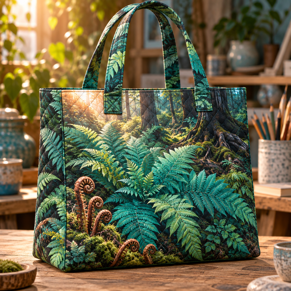 Fern Rosette Creative Sanctuary Quilted Tote Bag with printed optical 3D artwork in its use setting