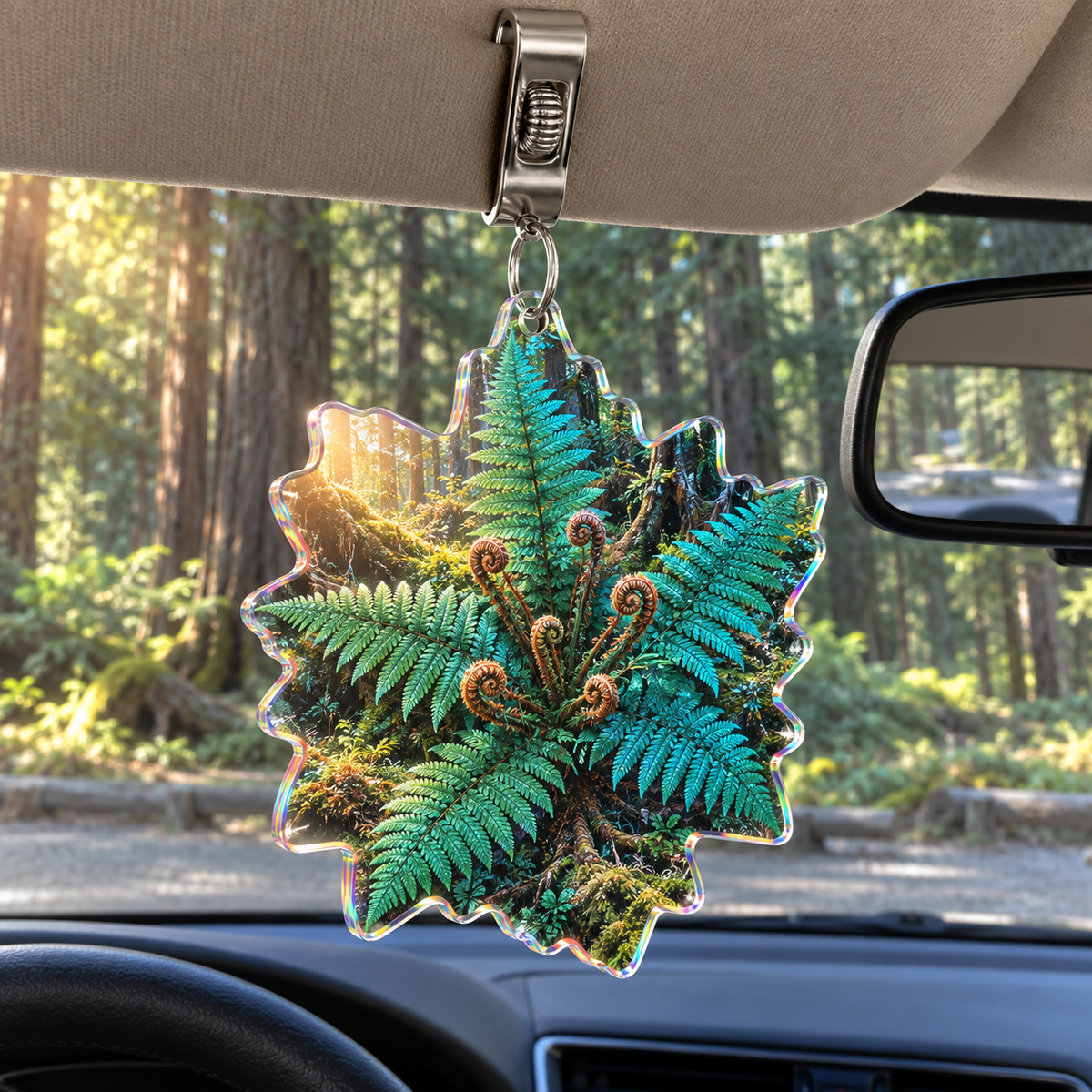 Fern Rosette Creative Sanctuary Holographic Car Visor Clip with printed optical 3D artwork in its use setting