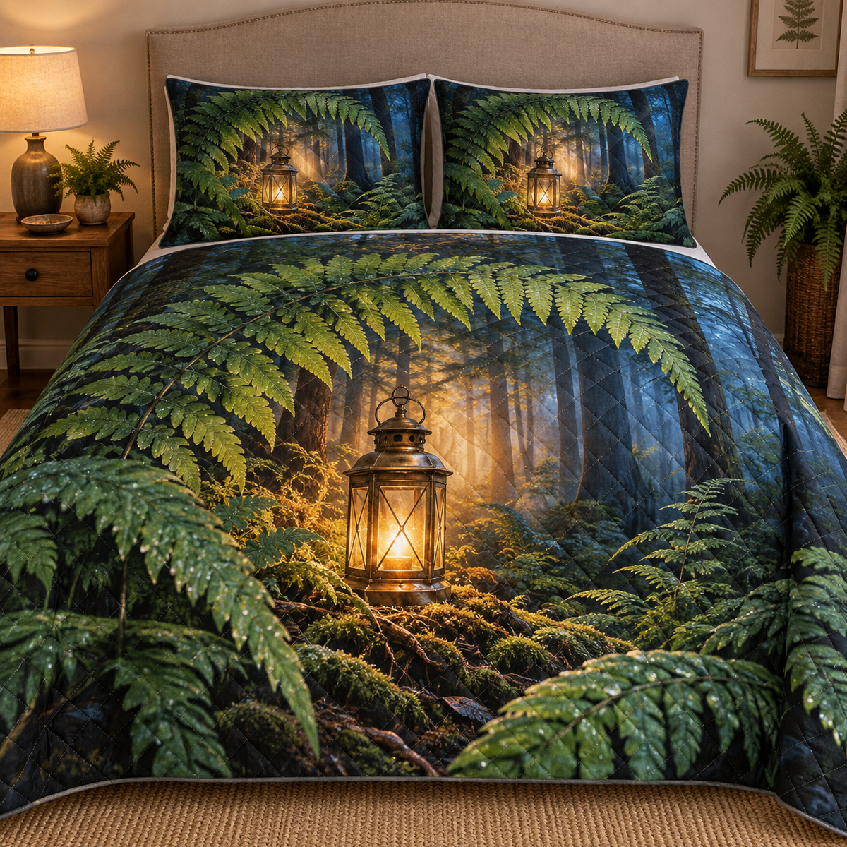 Fern Lantern Welcome Grove Quilted Bedding Set with printed optical 3D artwork in its use setting