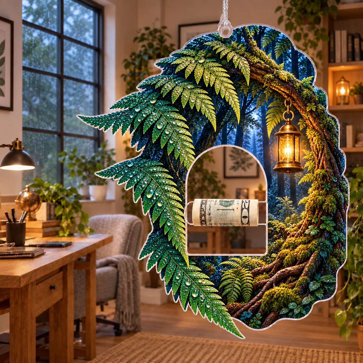 Fern Lantern Welcome Grove Acrylic Cash Holder Ornament with printed optical 3D artwork in its use setting