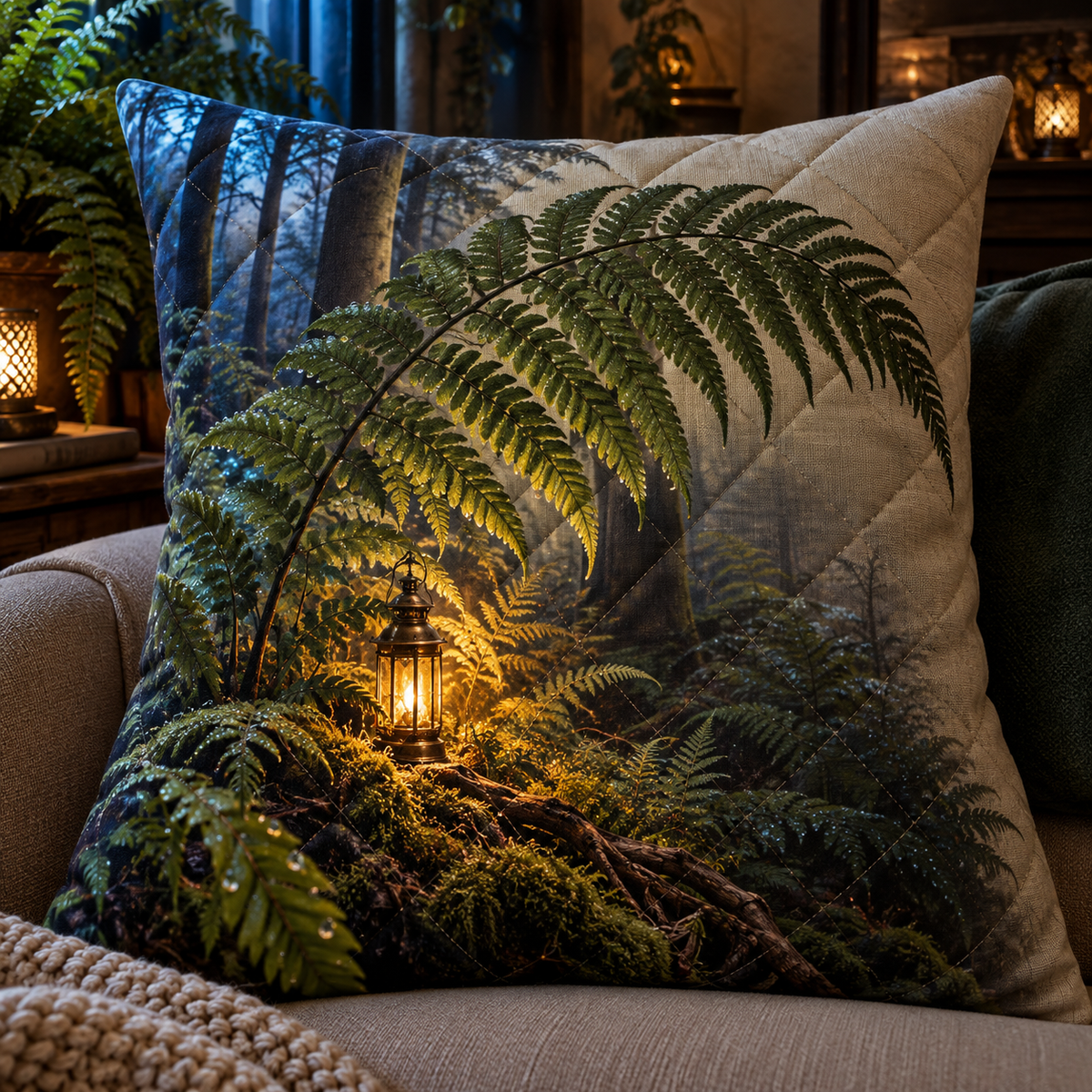 Fern Lantern Welcome Grove Quilted Cushion Cover with printed optical 3D artwork in its use setting