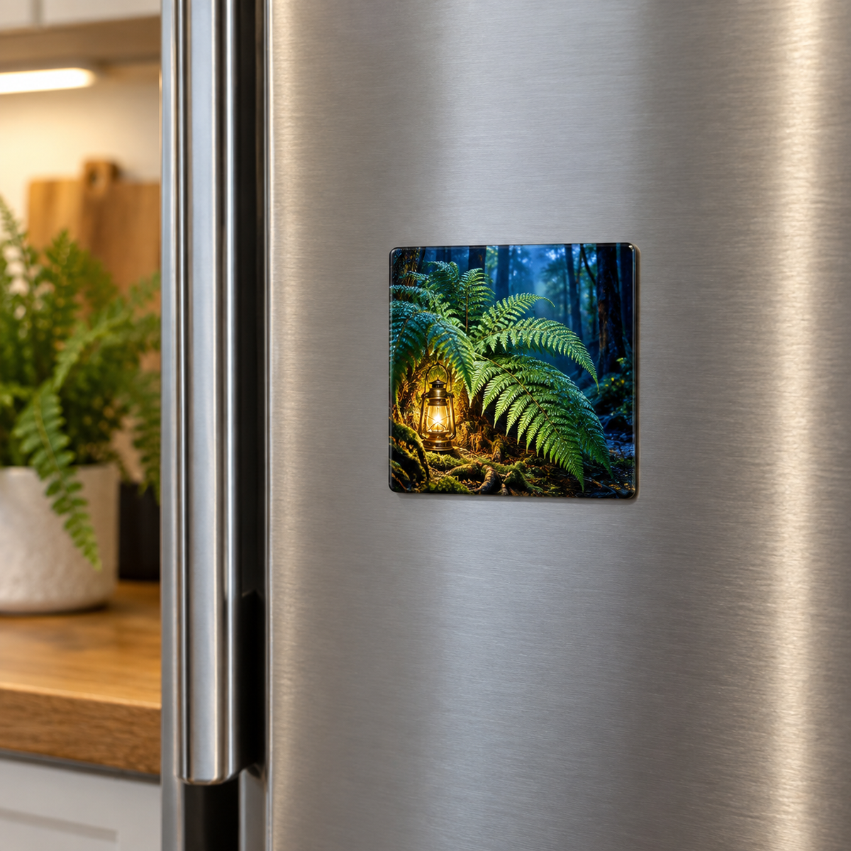 Fern Lantern Welcome Grove Acrylic Refrigerator Magnet with printed optical 3D artwork in its use setting