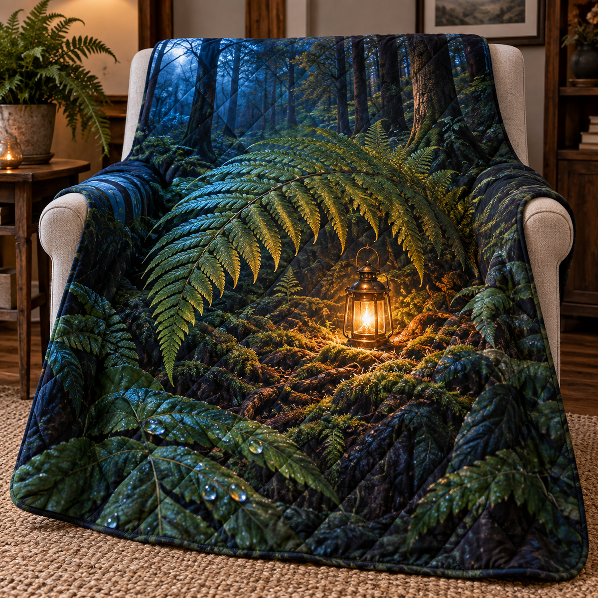 Fern Lantern Welcome Grove Quilt Blanket with printed optical 3D artwork in its use setting