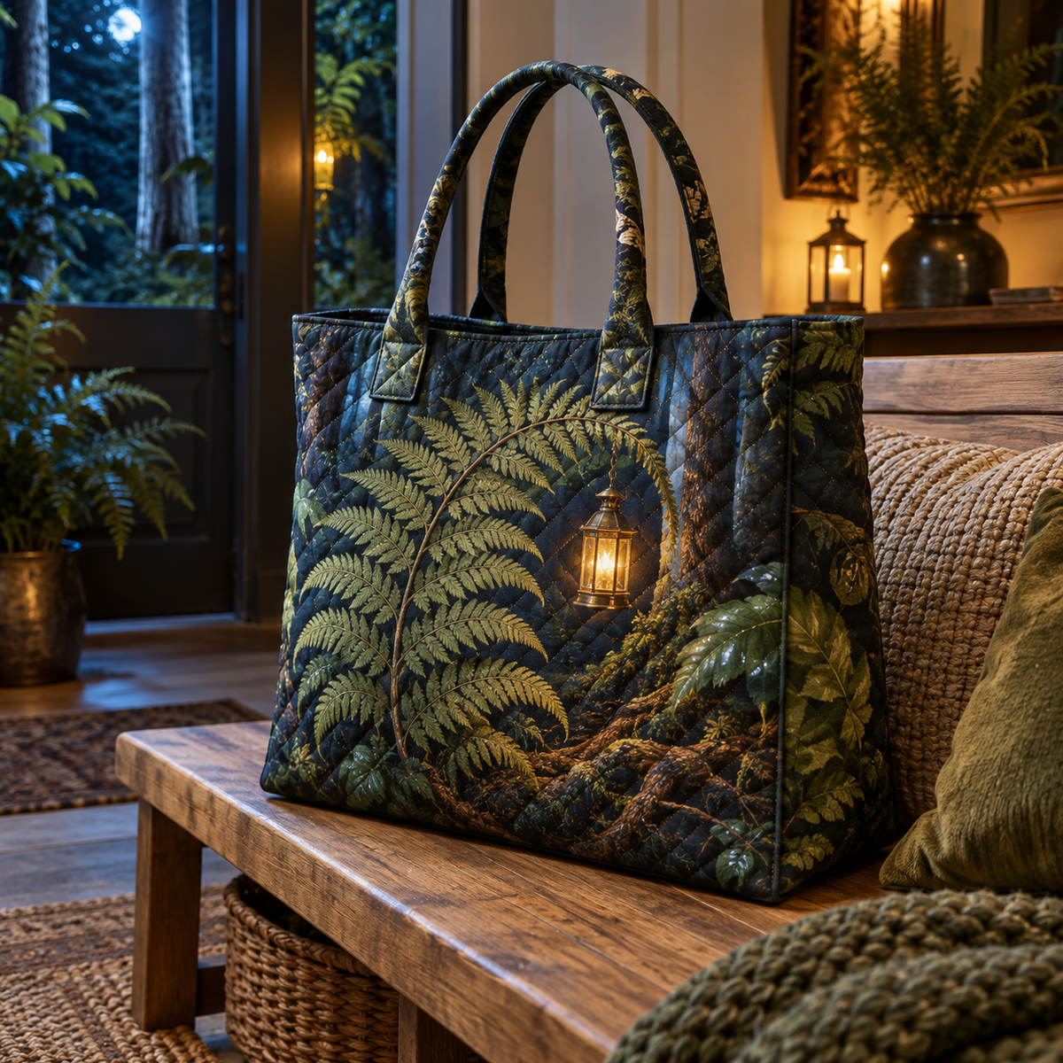 Fern Lantern Welcome Grove Quilted Tote Bag with printed optical 3D artwork in its use setting