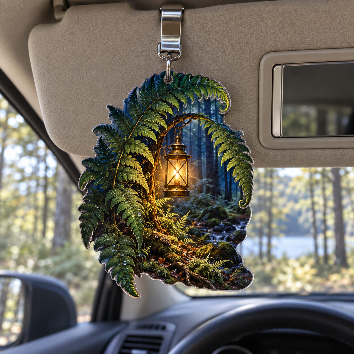 Fern Lantern Welcome Grove Holographic Car Visor Clip with printed optical 3D artwork in its use setting