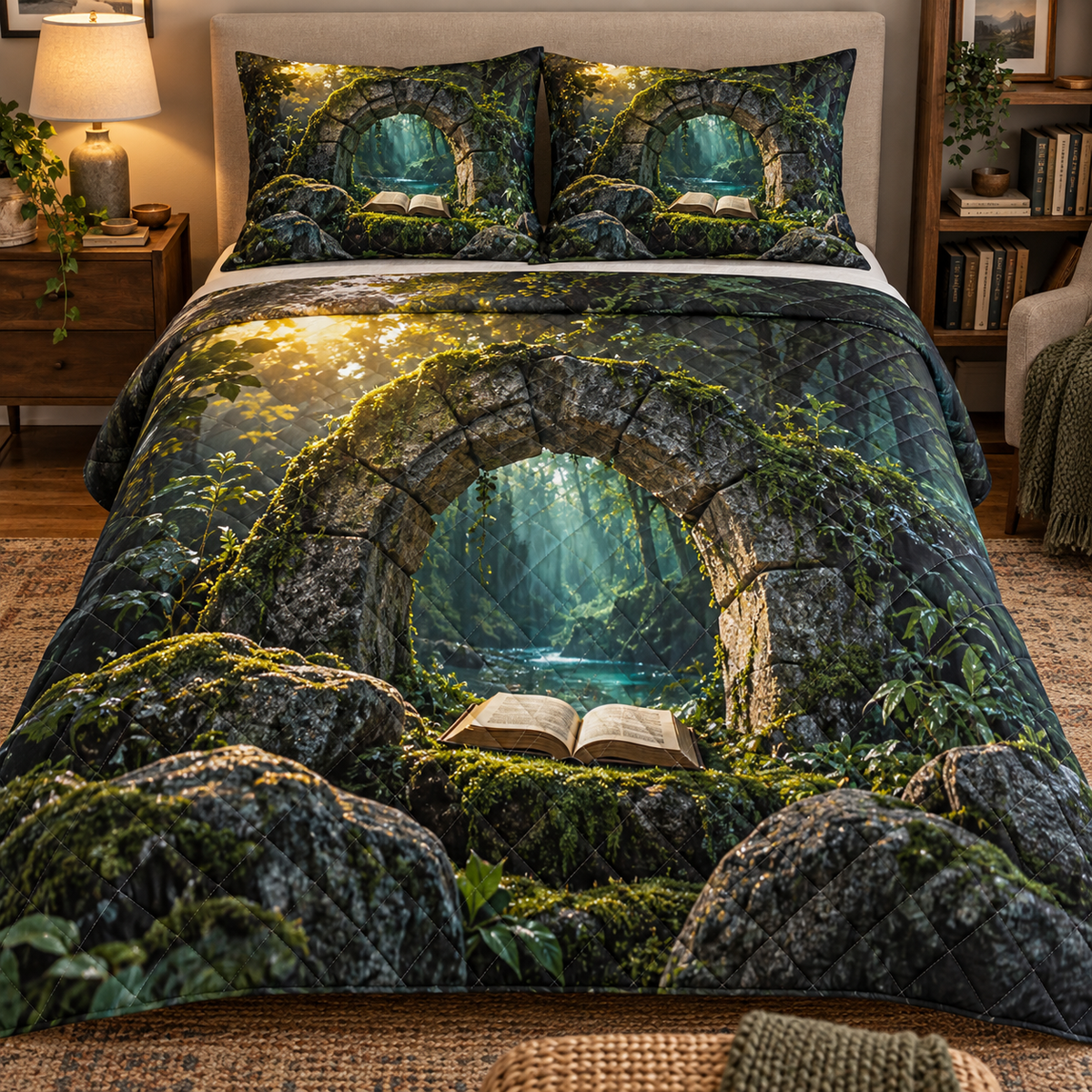 Moss Stone Story Hollow Quilted Bedding Set with printed optical 3D artwork in its use setting