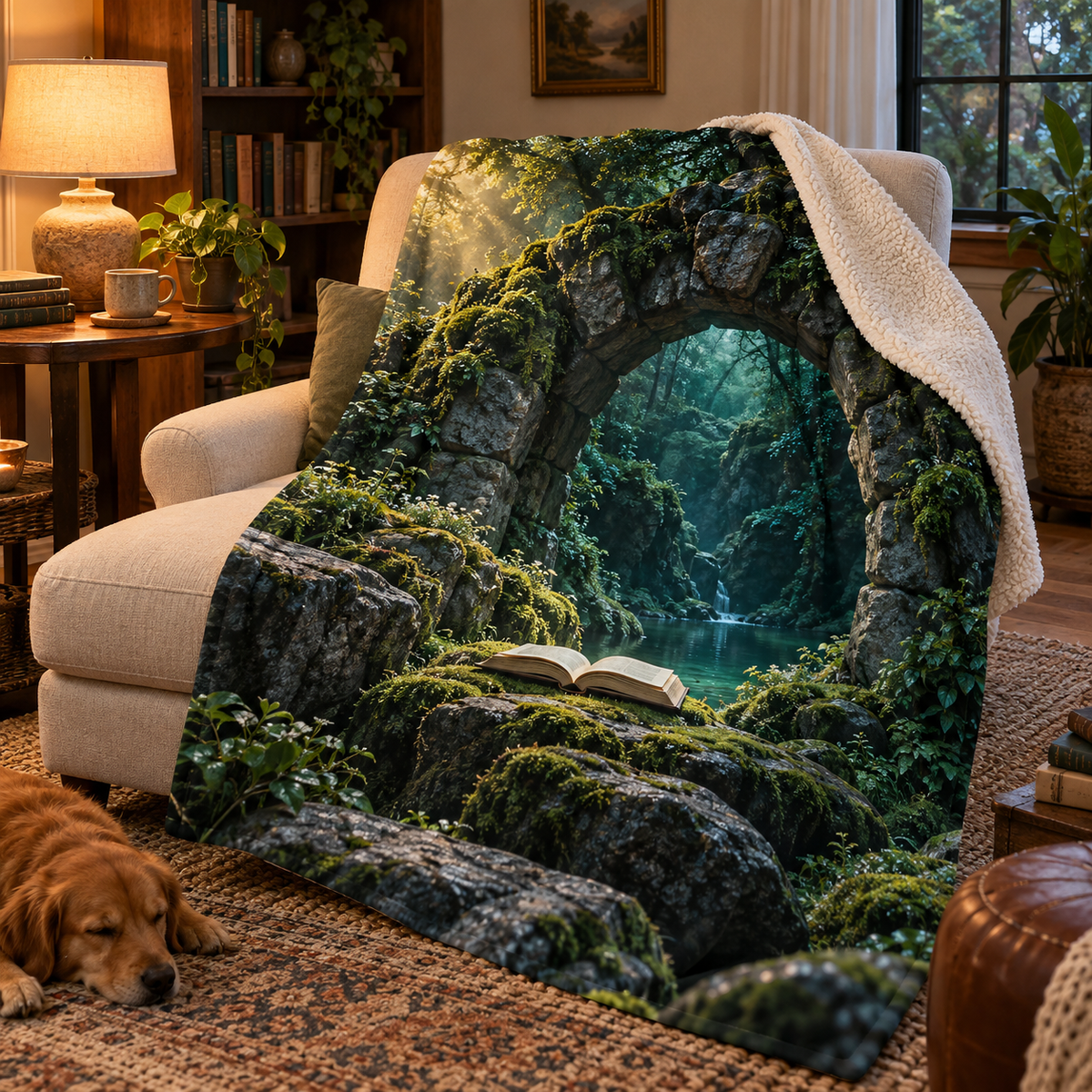 Moss Stone Story Hollow Sherpa & Fleece Blanket with printed optical 3D artwork in its use setting
