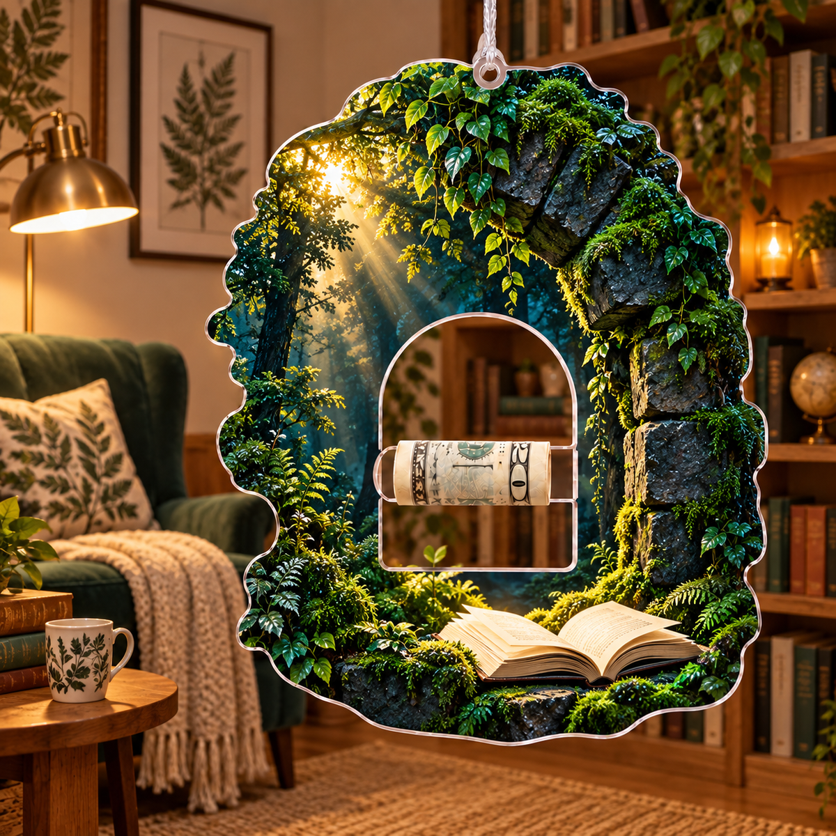 Moss Stone Story Hollow Acrylic Cash Holder Ornament with printed optical 3D artwork in its use setting