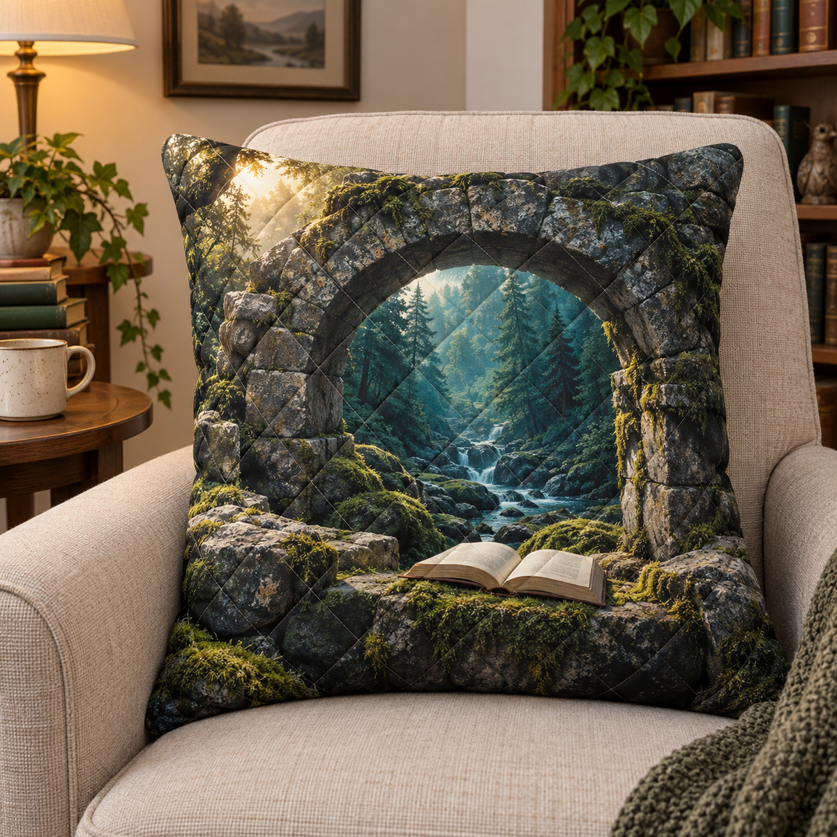 Moss Stone Story Hollow Quilted Cushion Cover with printed optical 3D artwork in its use setting