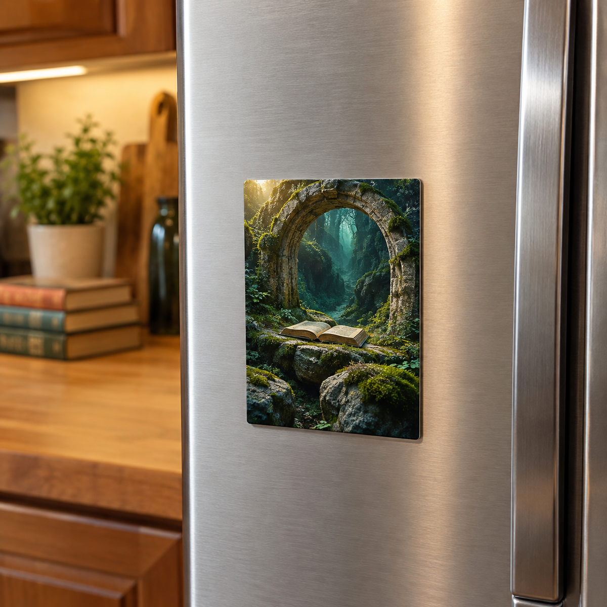 Moss Stone Story Hollow Acrylic Refrigerator Magnet with printed optical 3D artwork in its use setting