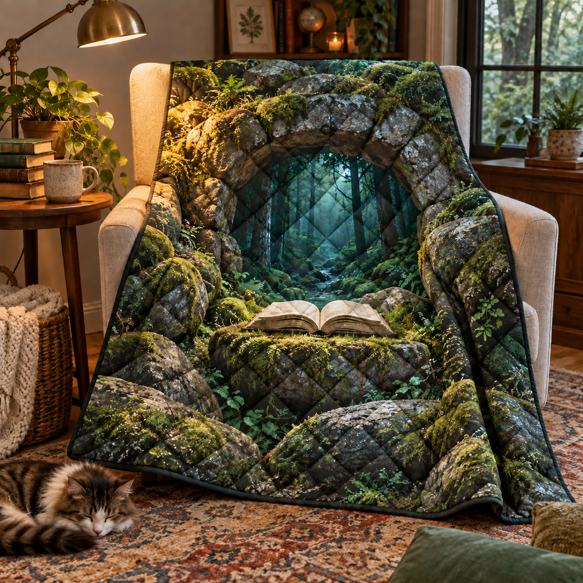 Moss Stone Story Hollow Quilt Blanket with printed optical 3D artwork in its use setting