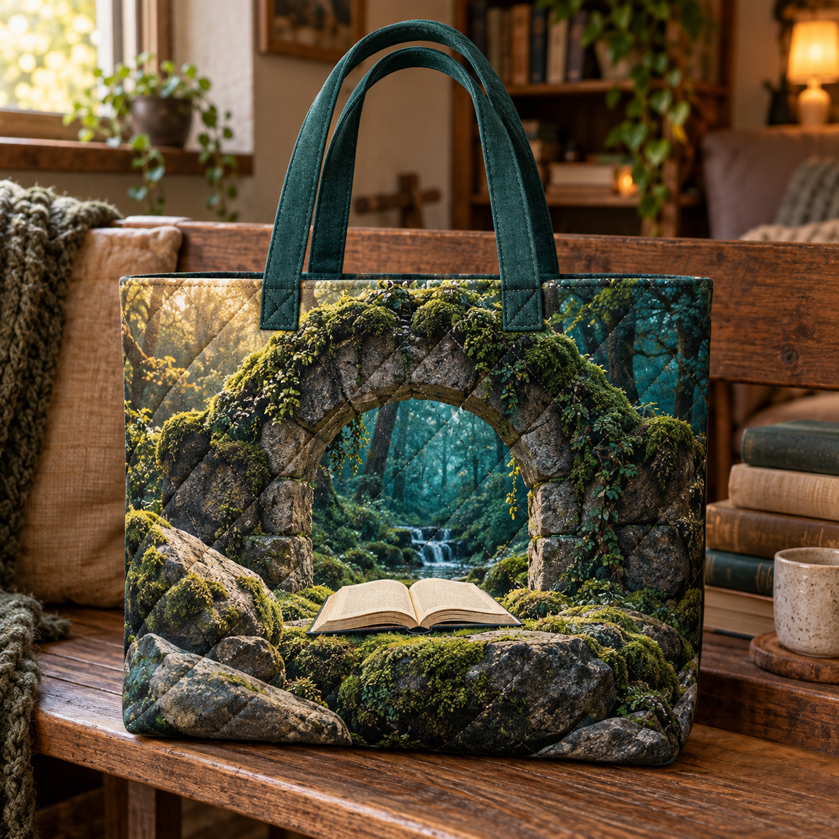 Moss Stone Story Hollow Quilted Tote Bag with printed optical 3D artwork in its use setting
