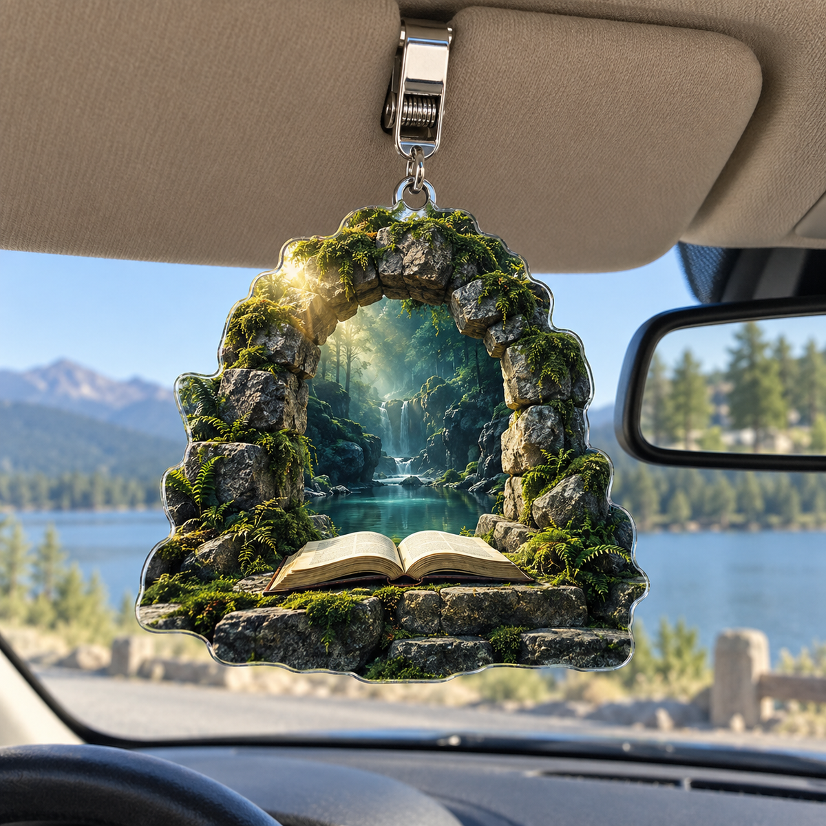 Moss Stone Story Hollow Holographic Car Visor Clip with printed optical 3D artwork in its use setting