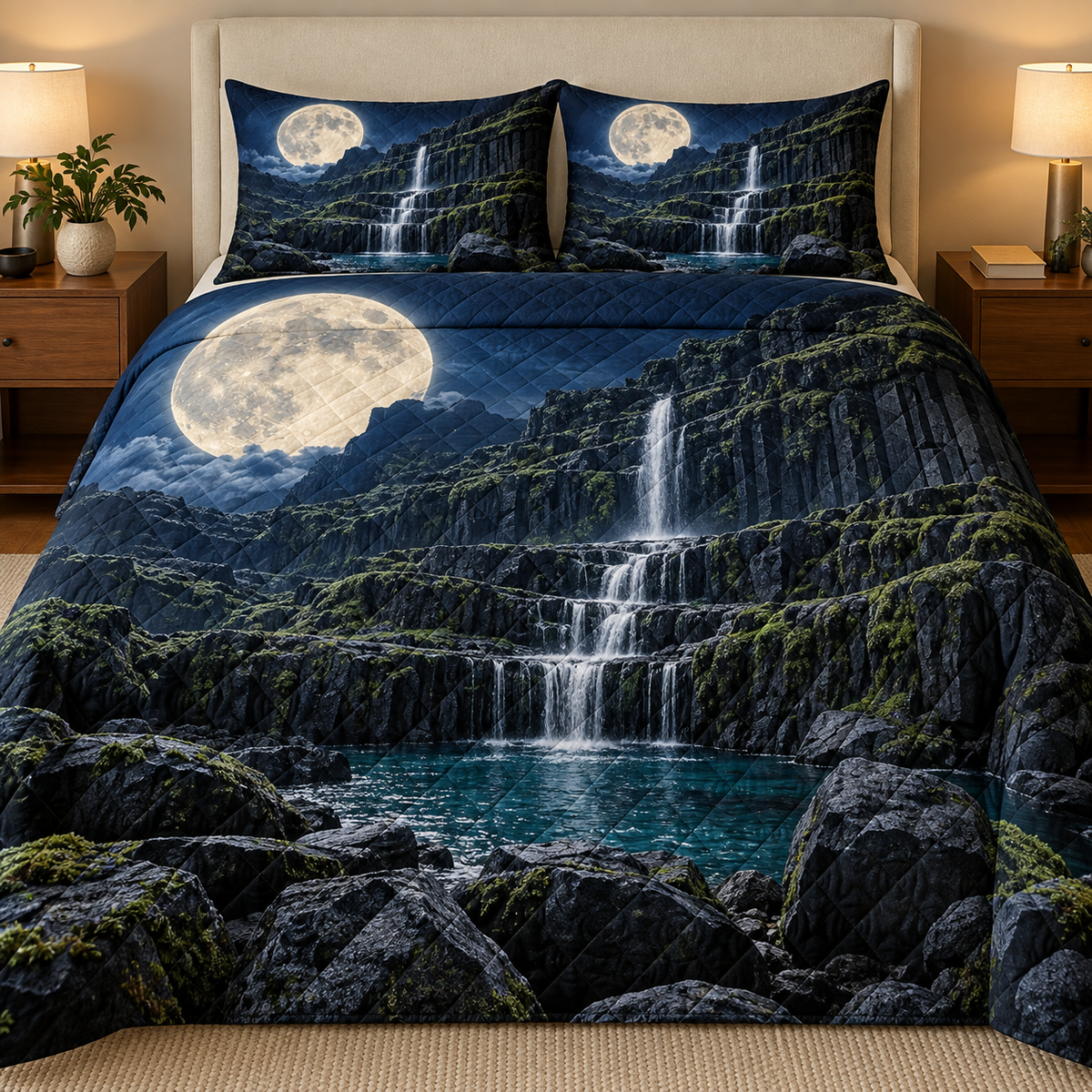 Moss Moonstone Cascade Quilted Bedding Set with printed optical 3D artwork in its use setting