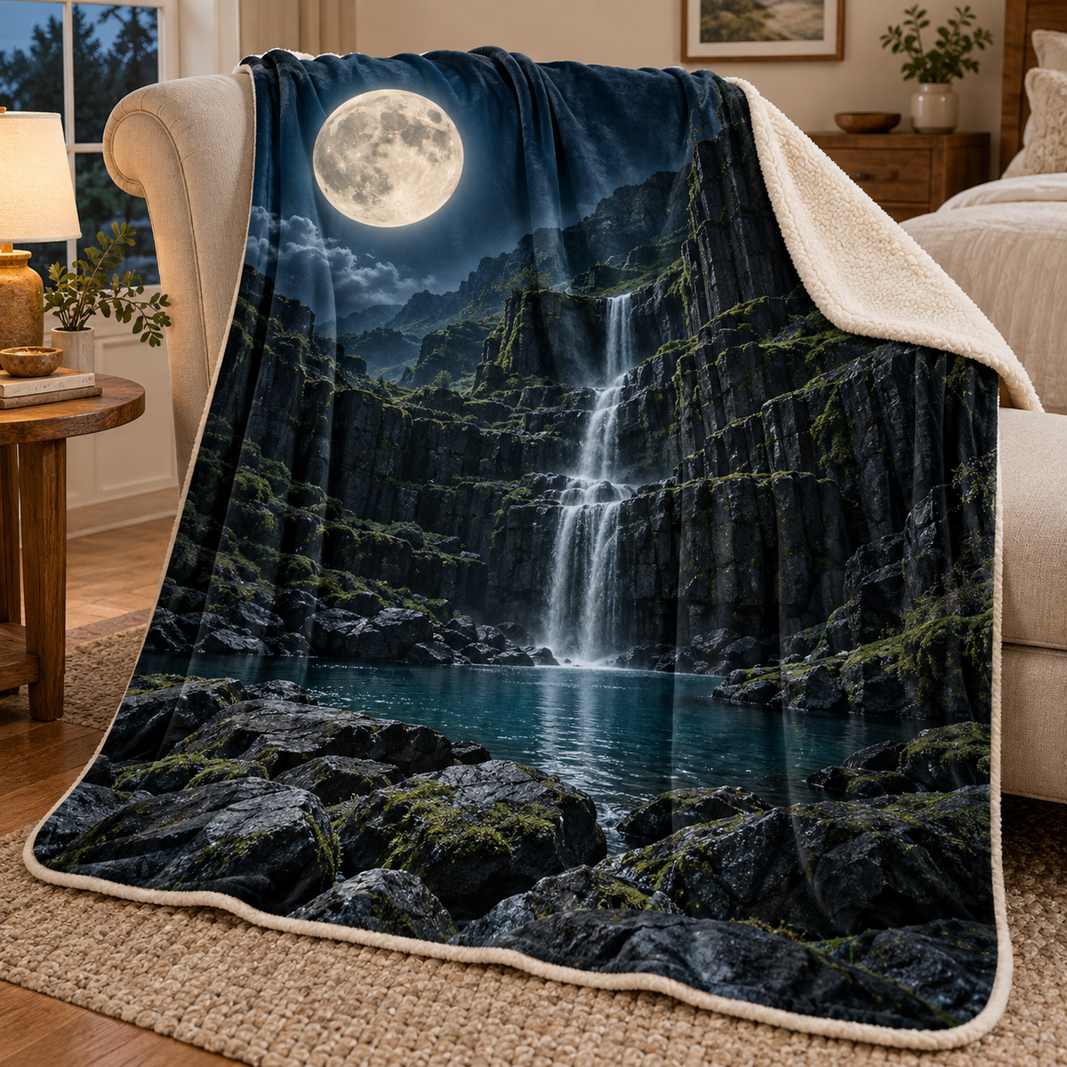Moss Moonstone Cascade Sherpa & Fleece Blanket with printed optical 3D artwork in its use setting
