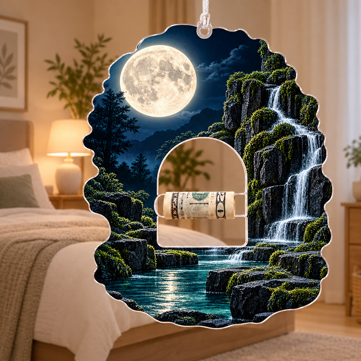 Moss Moonstone Cascade Acrylic Cash Holder Ornament with printed optical 3D artwork in its use setting