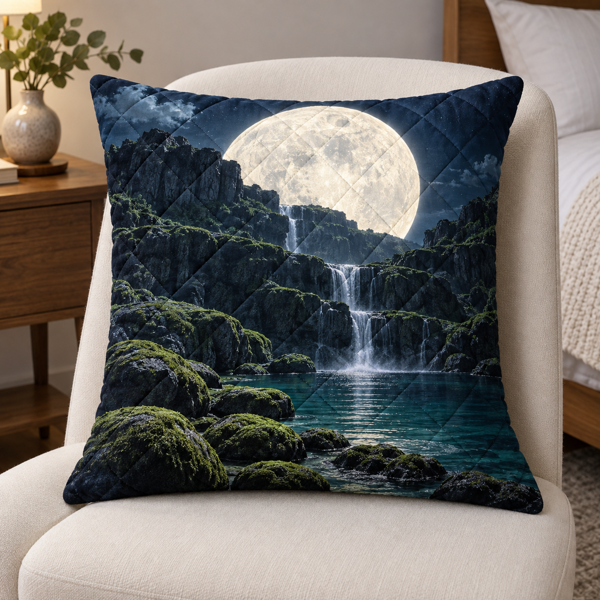 Moss Moonstone Cascade Quilted Cushion Cover with printed optical 3D artwork in its use setting