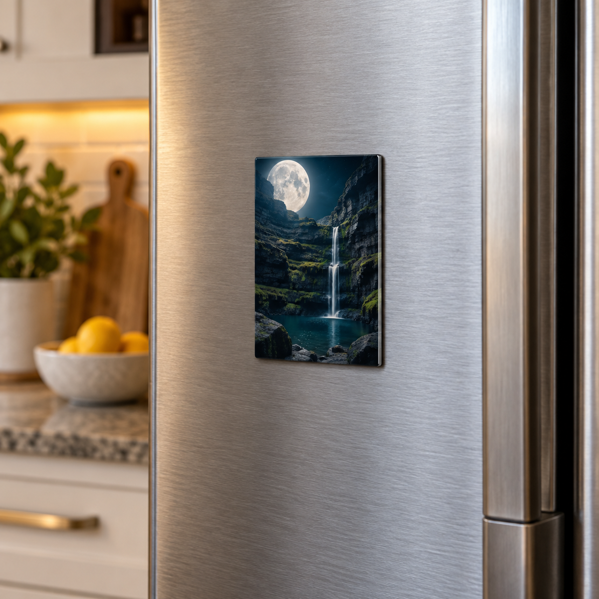 Moss Moonstone Cascade Acrylic Refrigerator Magnet with printed optical 3D artwork in its use setting