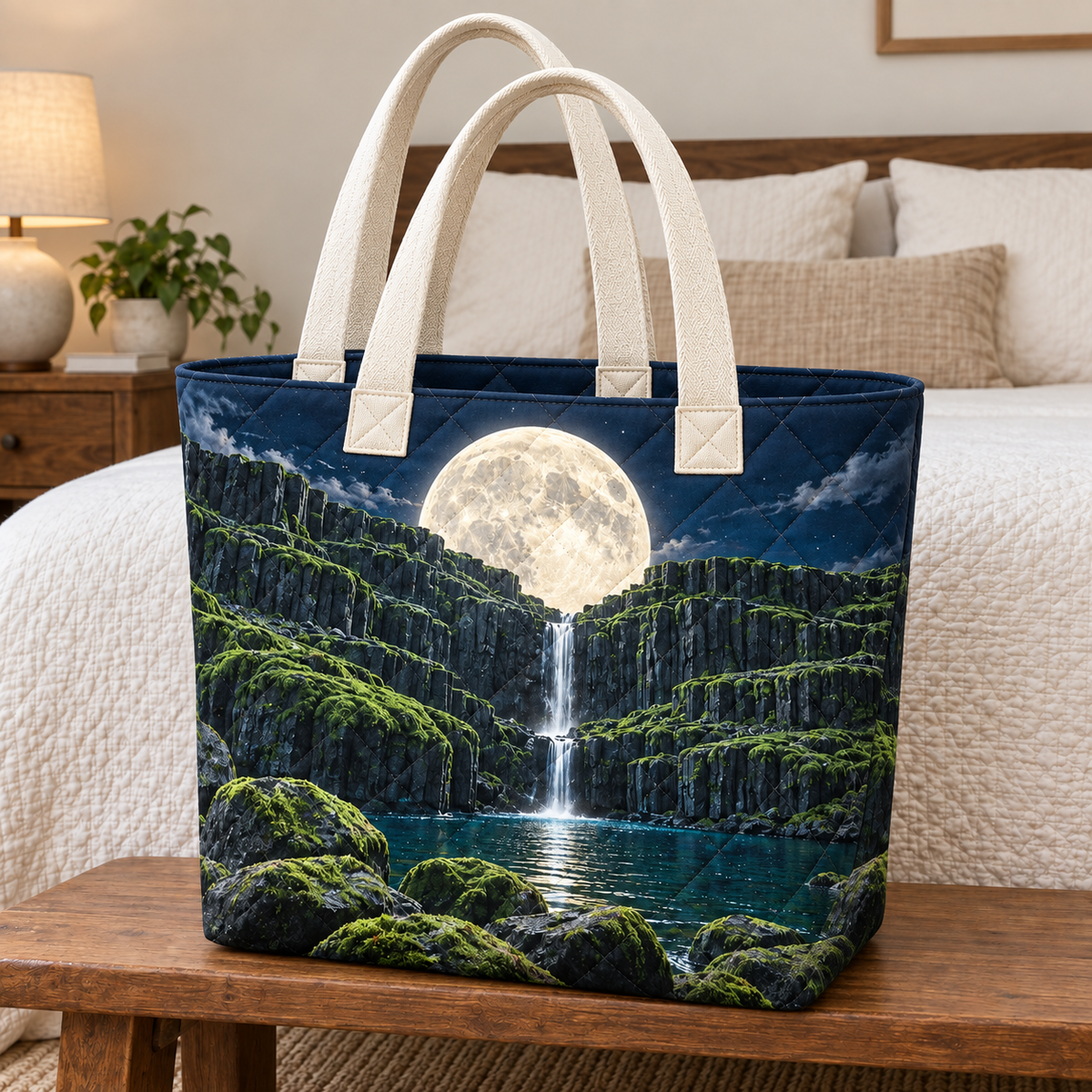 Moss Moonstone Cascade Quilted Tote Bag with printed optical 3D artwork in its use setting