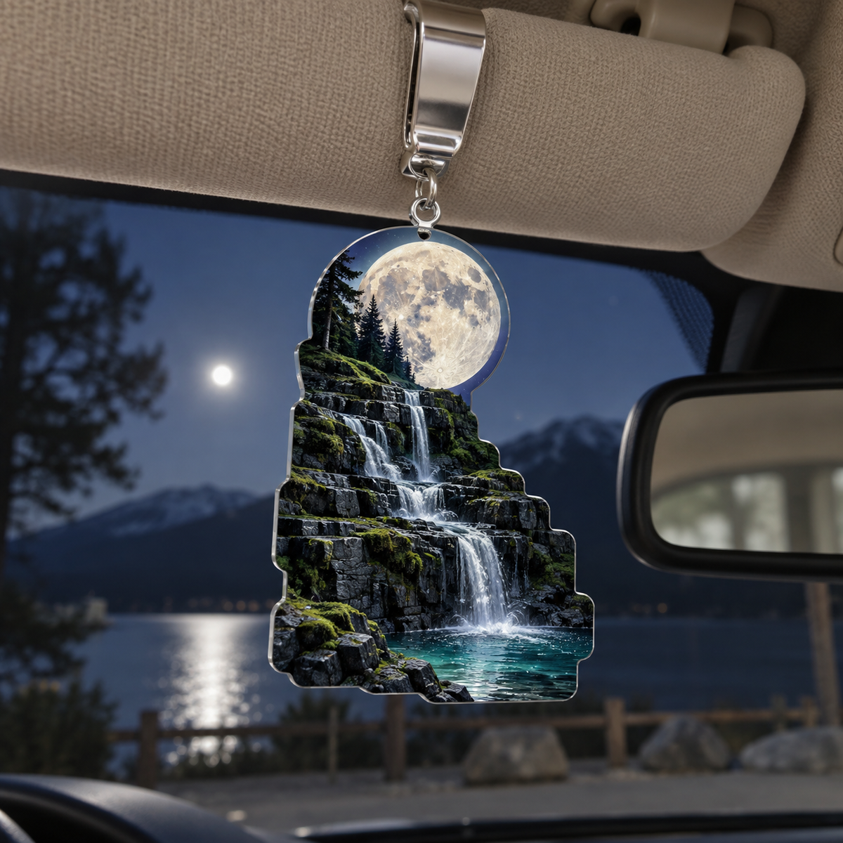 Moss Moonstone Cascade Holographic Car Visor Clip with printed optical 3D artwork in its use setting