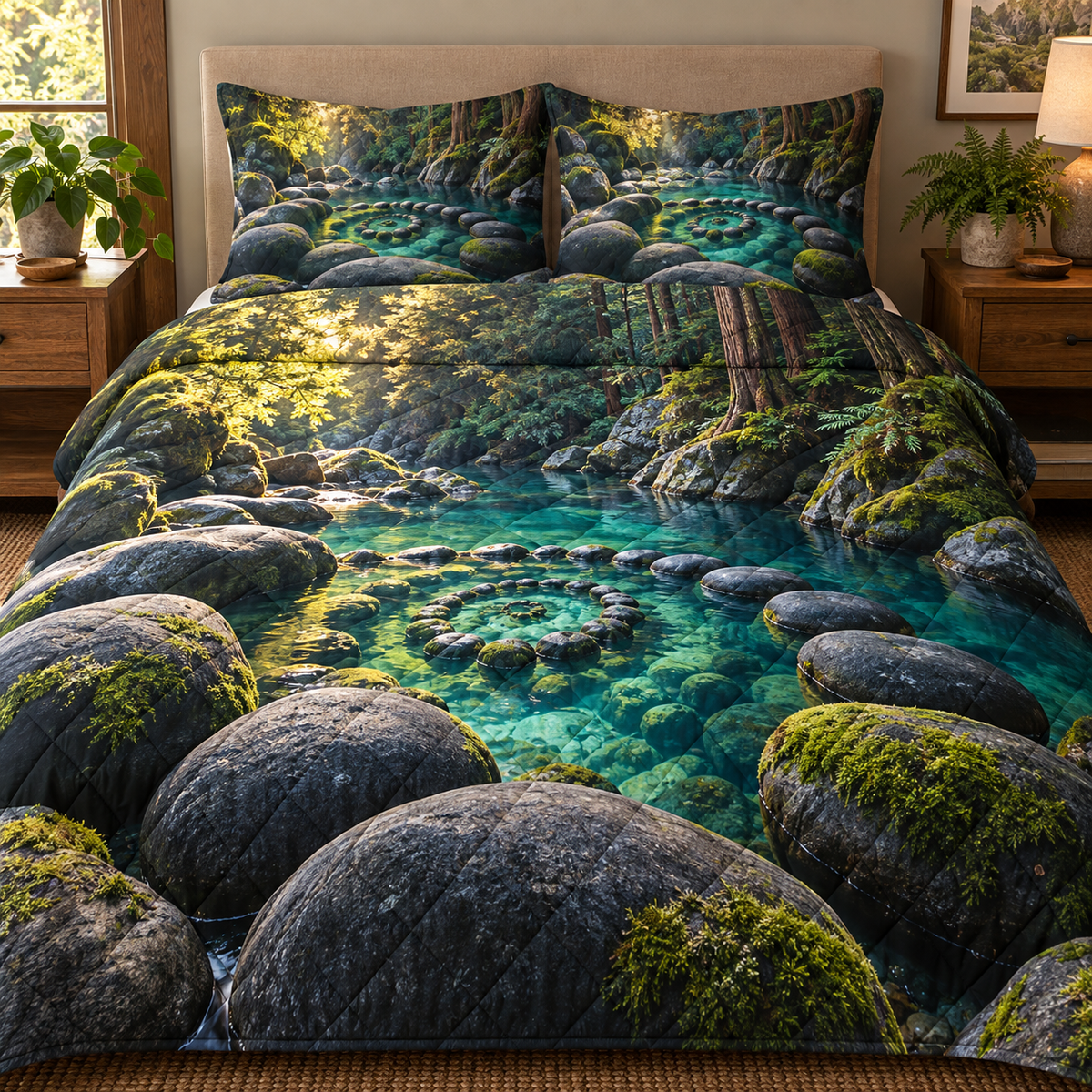 Moss Spiral Stone Sanctuary Quilted Bedding Set with printed optical 3D artwork in its use setting