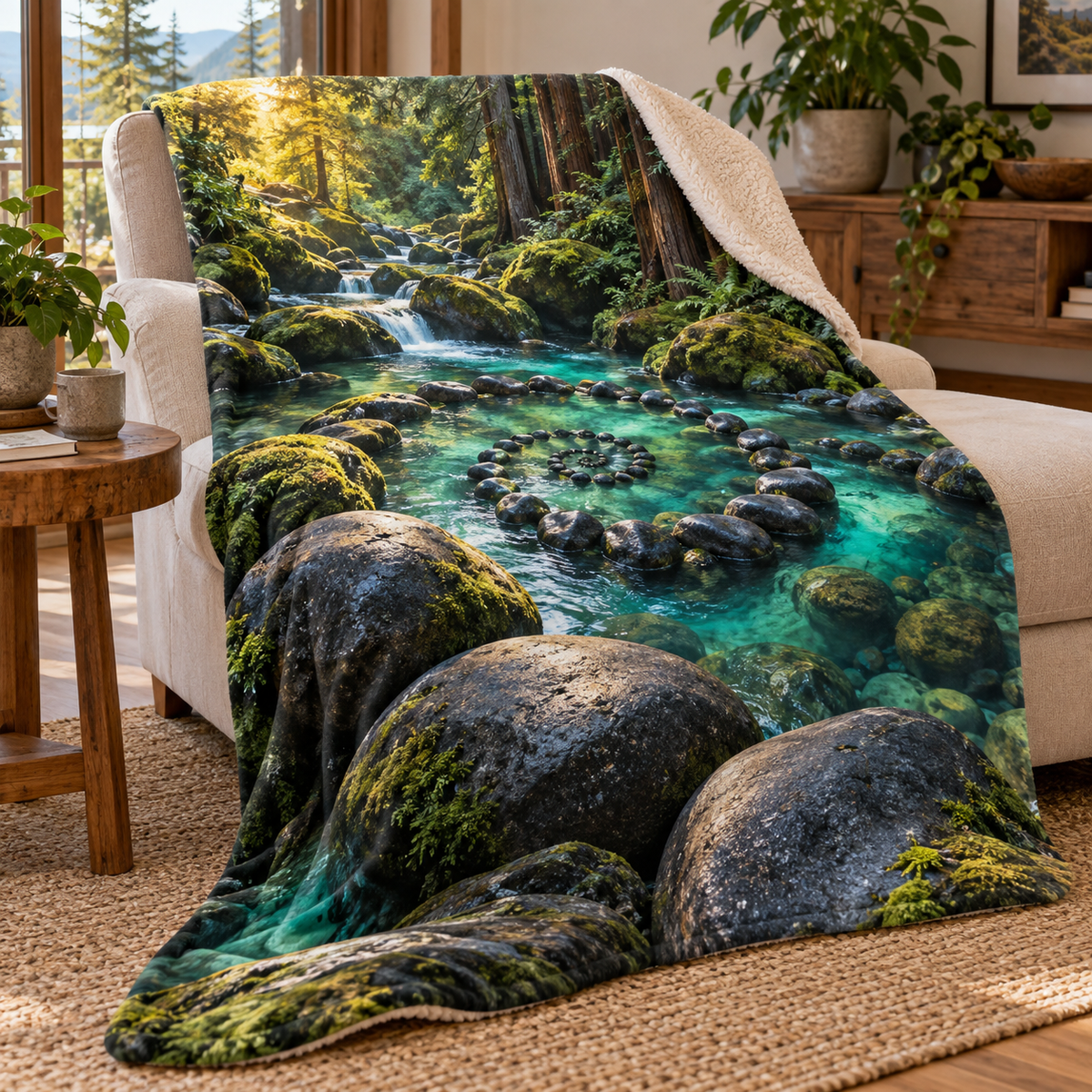 Moss Spiral Stone Sanctuary Sherpa & Fleece Blanket with printed optical 3D artwork in its use setting