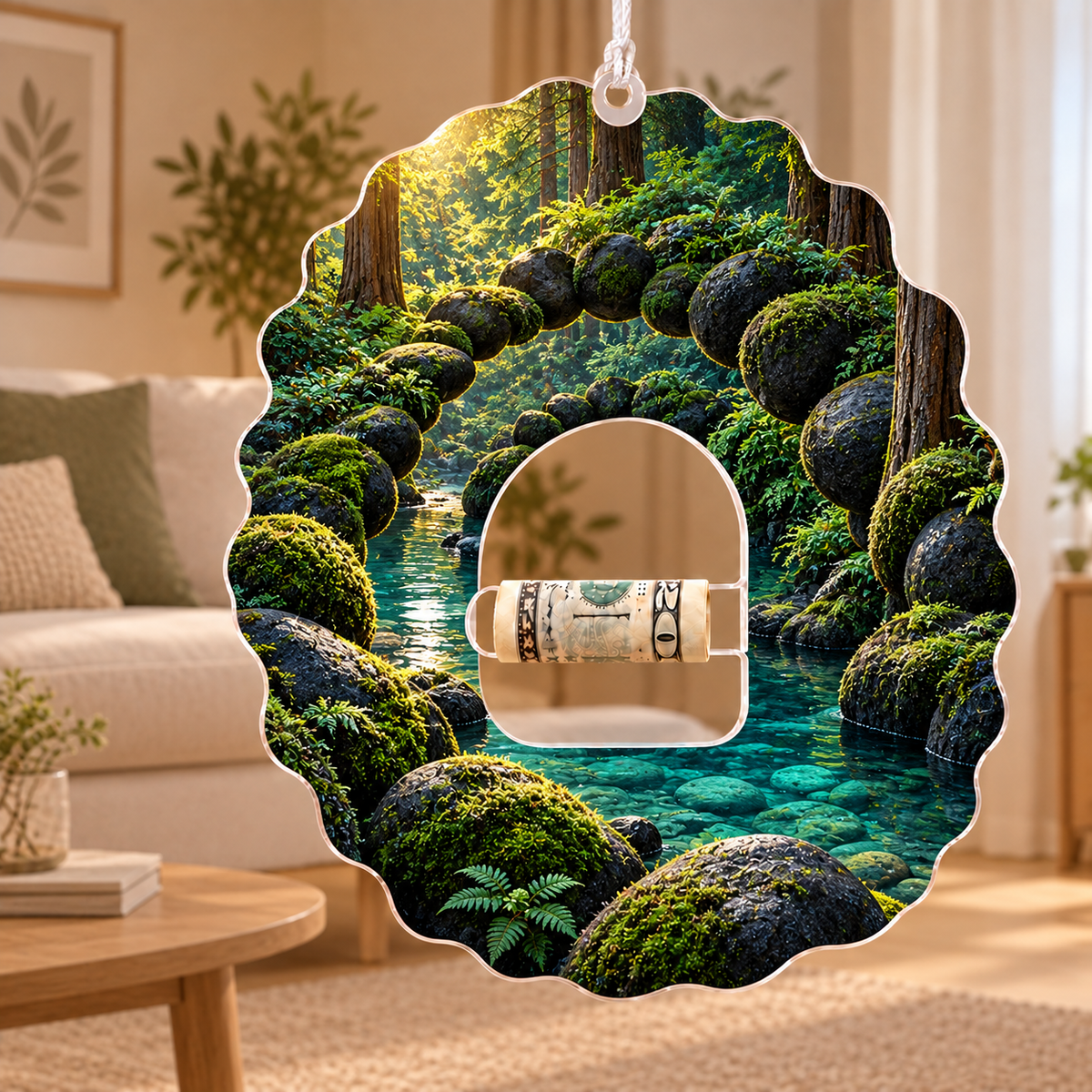 Moss Spiral Stone Sanctuary Acrylic Cash Holder Ornament with printed optical 3D artwork in its use setting