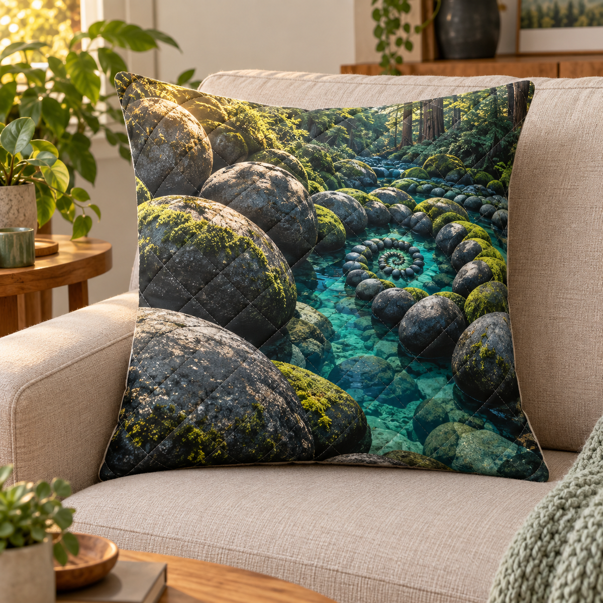 Moss Spiral Stone Sanctuary Quilted Cushion Cover with printed optical 3D artwork in its use setting