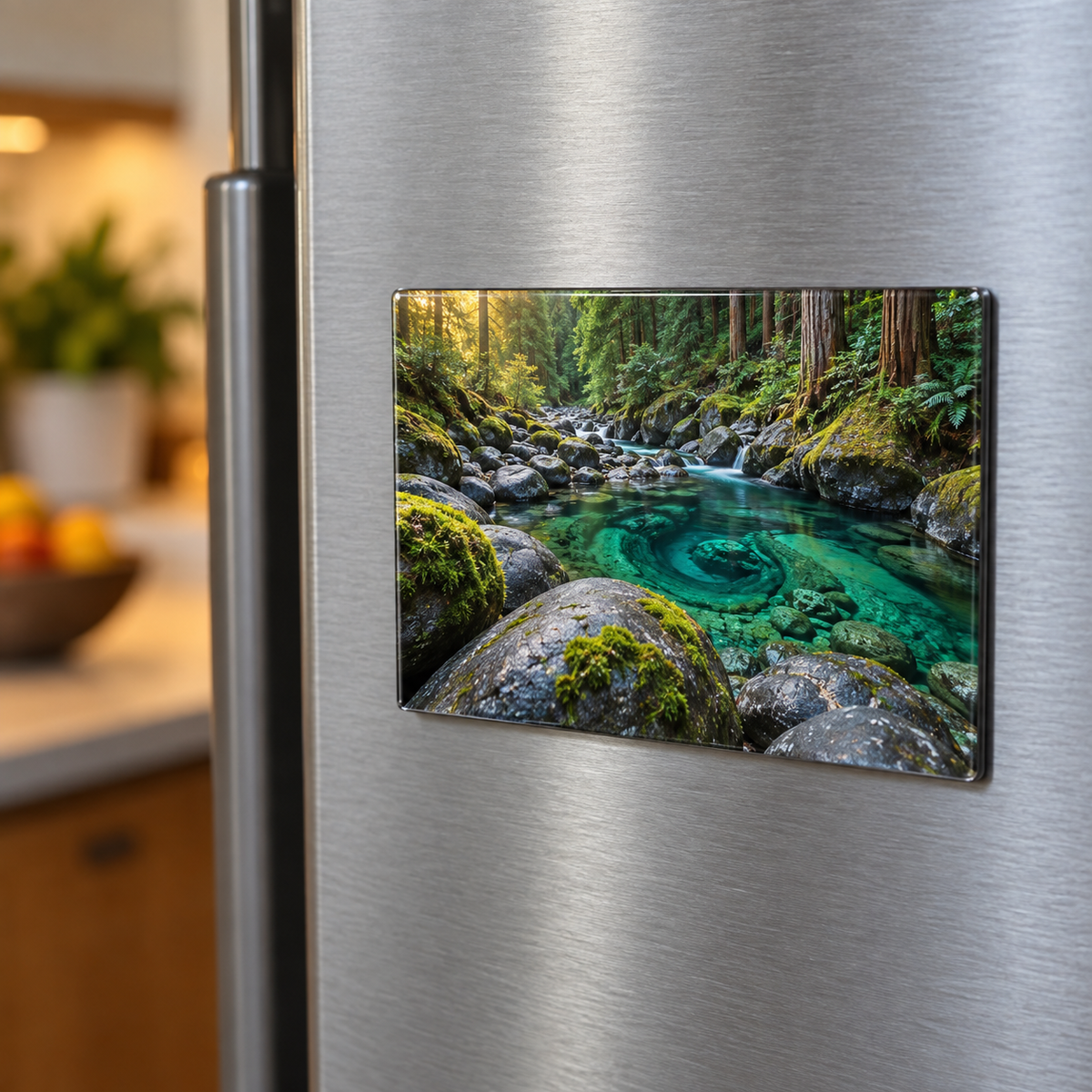 Moss Spiral Stone Sanctuary Acrylic Refrigerator Magnet with printed optical 3D artwork in its use setting