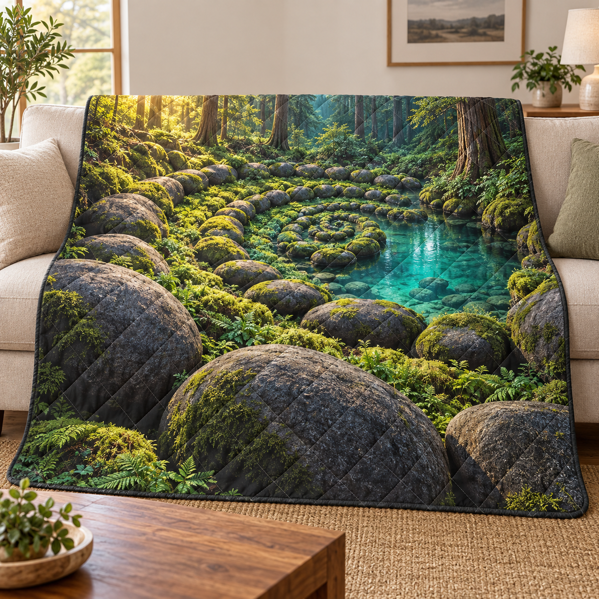 Moss Spiral Stone Sanctuary Quilt Blanket with printed optical 3D artwork in its use setting