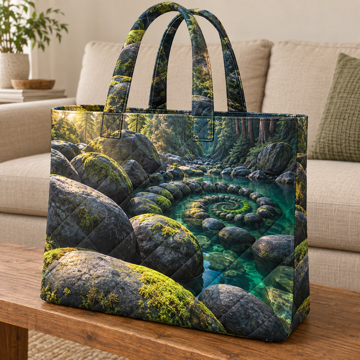 Moss Spiral Stone Sanctuary Quilted Tote Bag with printed optical 3D artwork in its use setting