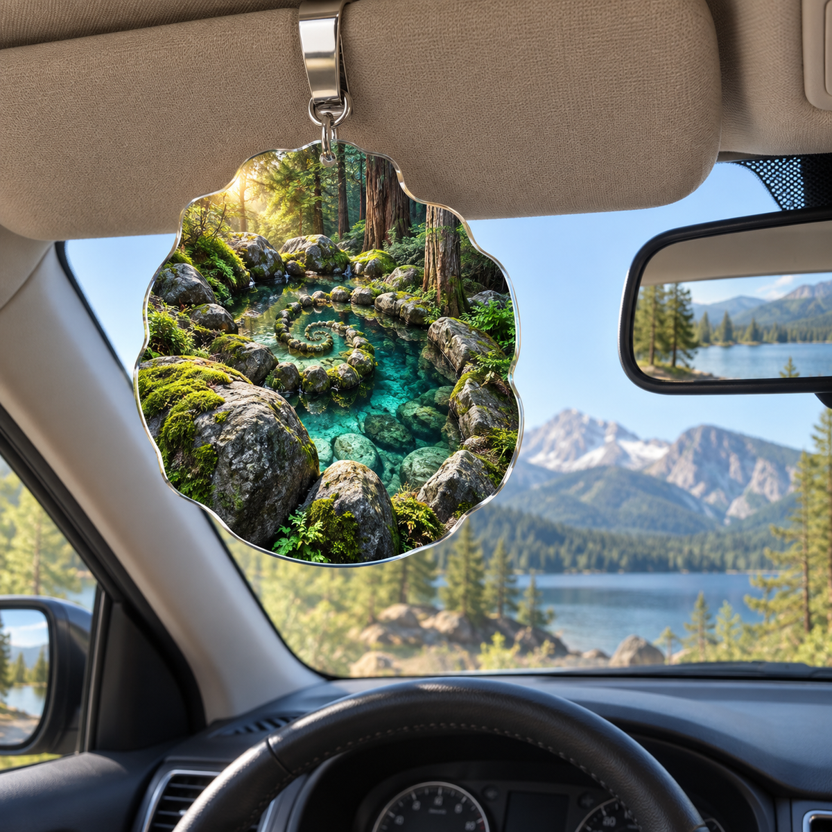 Moss Spiral Stone Sanctuary Holographic Car Visor Clip with printed optical 3D artwork in its use setting