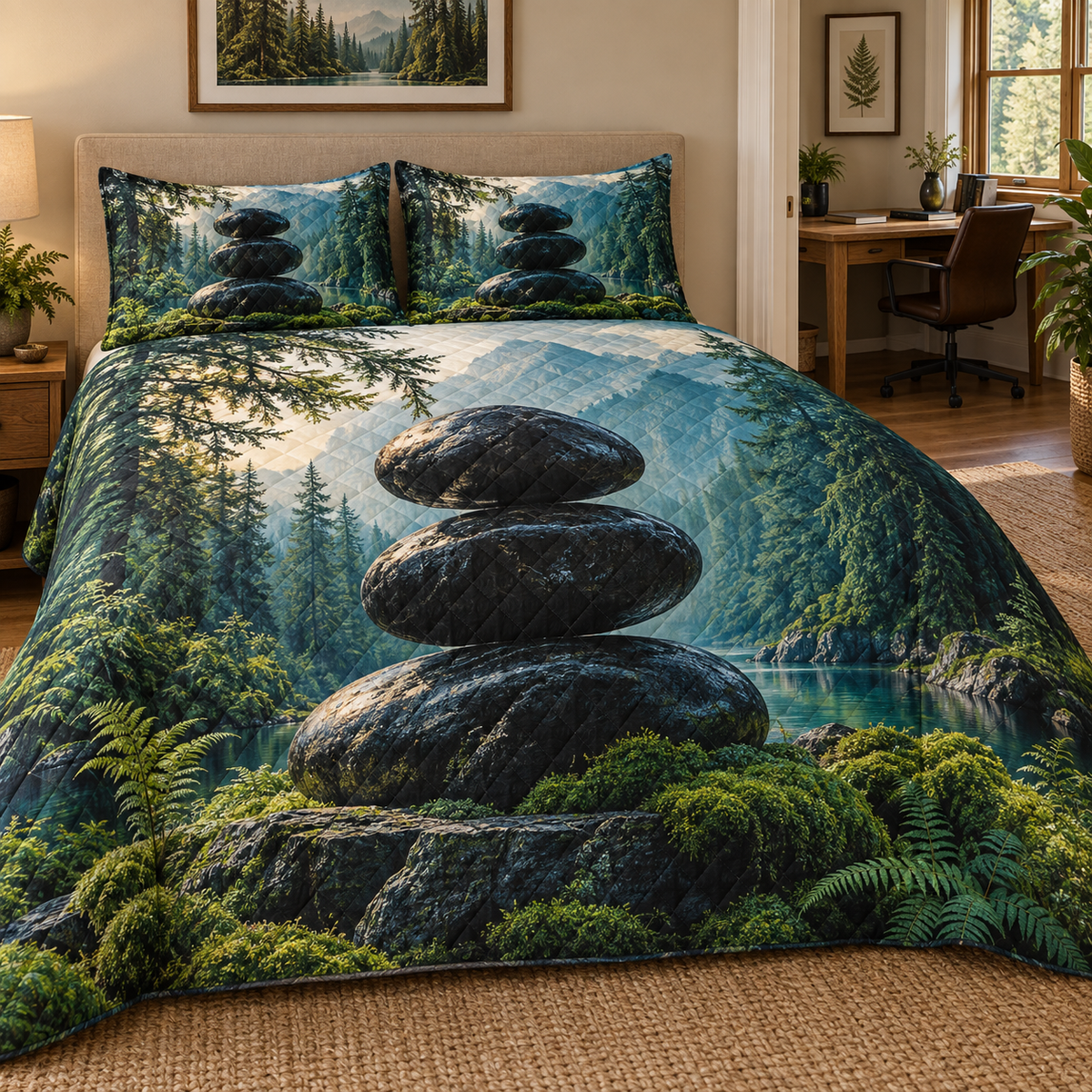 Moss Obsidian Focus Grove Quilted Bedding Set with printed optical 3D artwork in its use setting