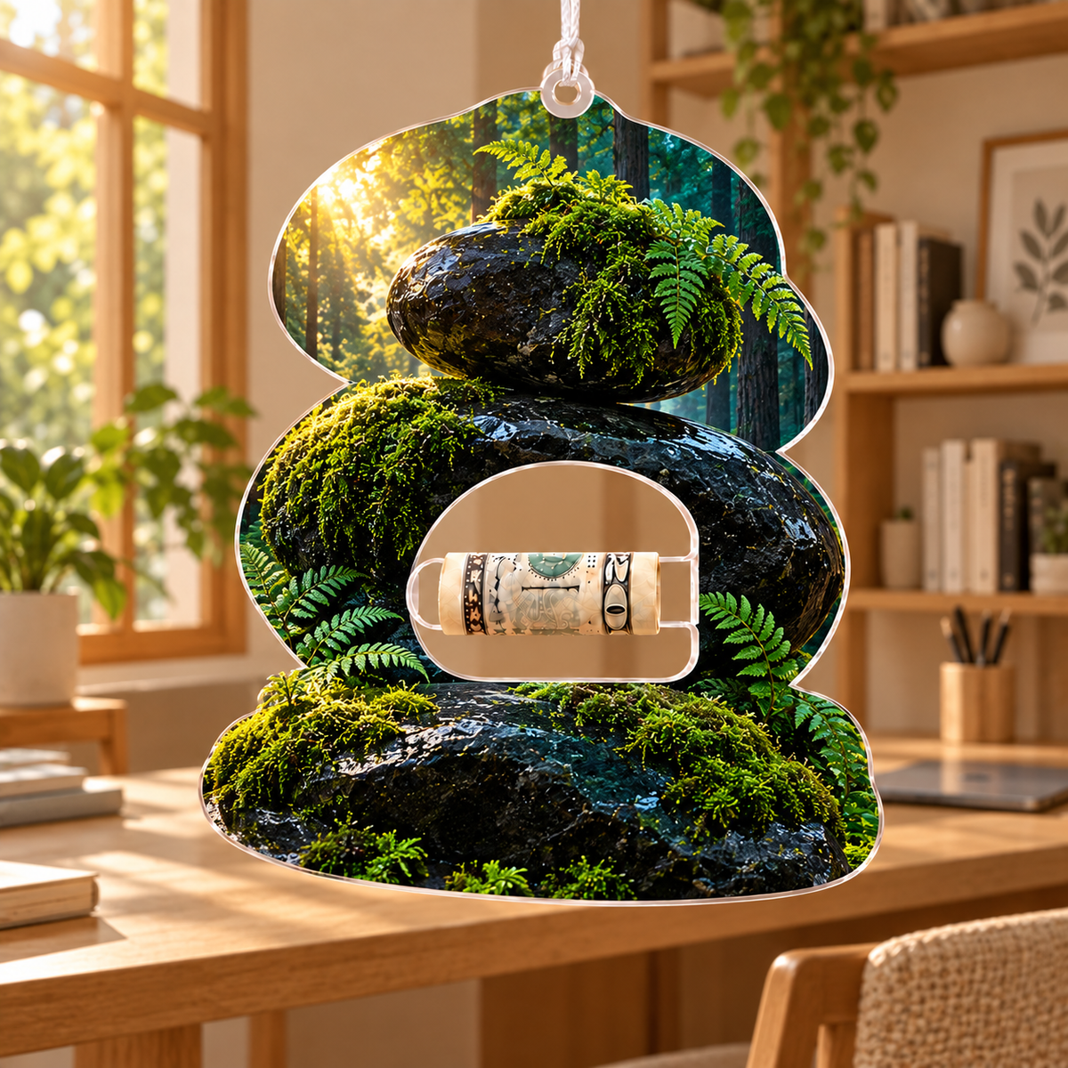 Moss Obsidian Focus Grove Acrylic Cash Holder Ornament with printed optical 3D artwork in its use setting