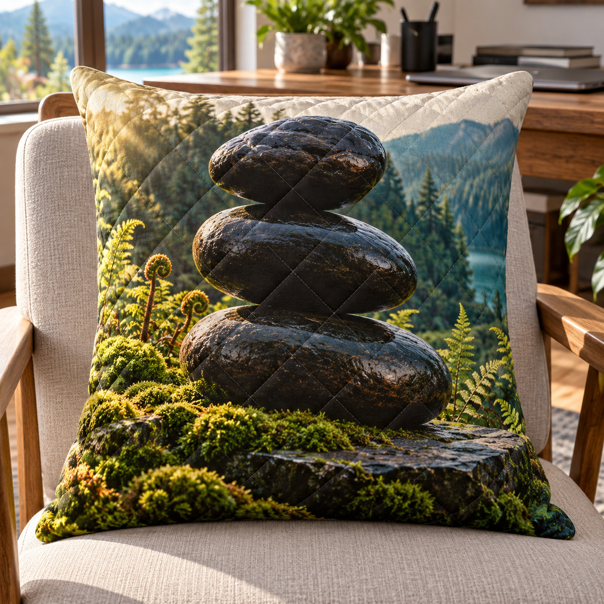 Moss Obsidian Focus Grove Quilted Cushion Cover with printed optical 3D artwork in its use setting