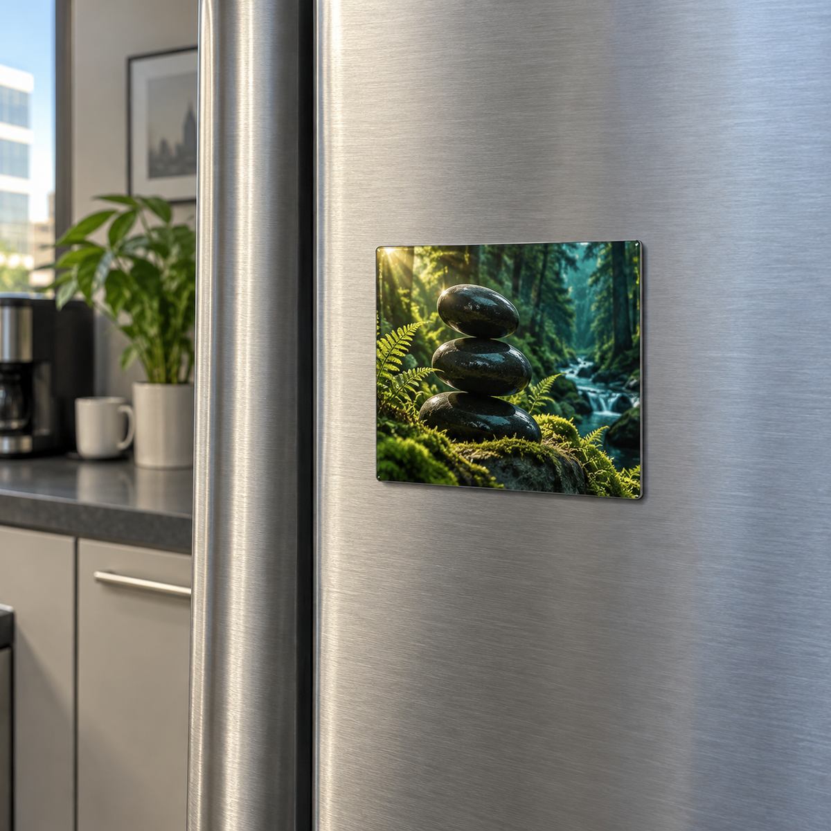 Moss Obsidian Focus Grove Acrylic Refrigerator Magnet with printed optical 3D artwork in its use setting