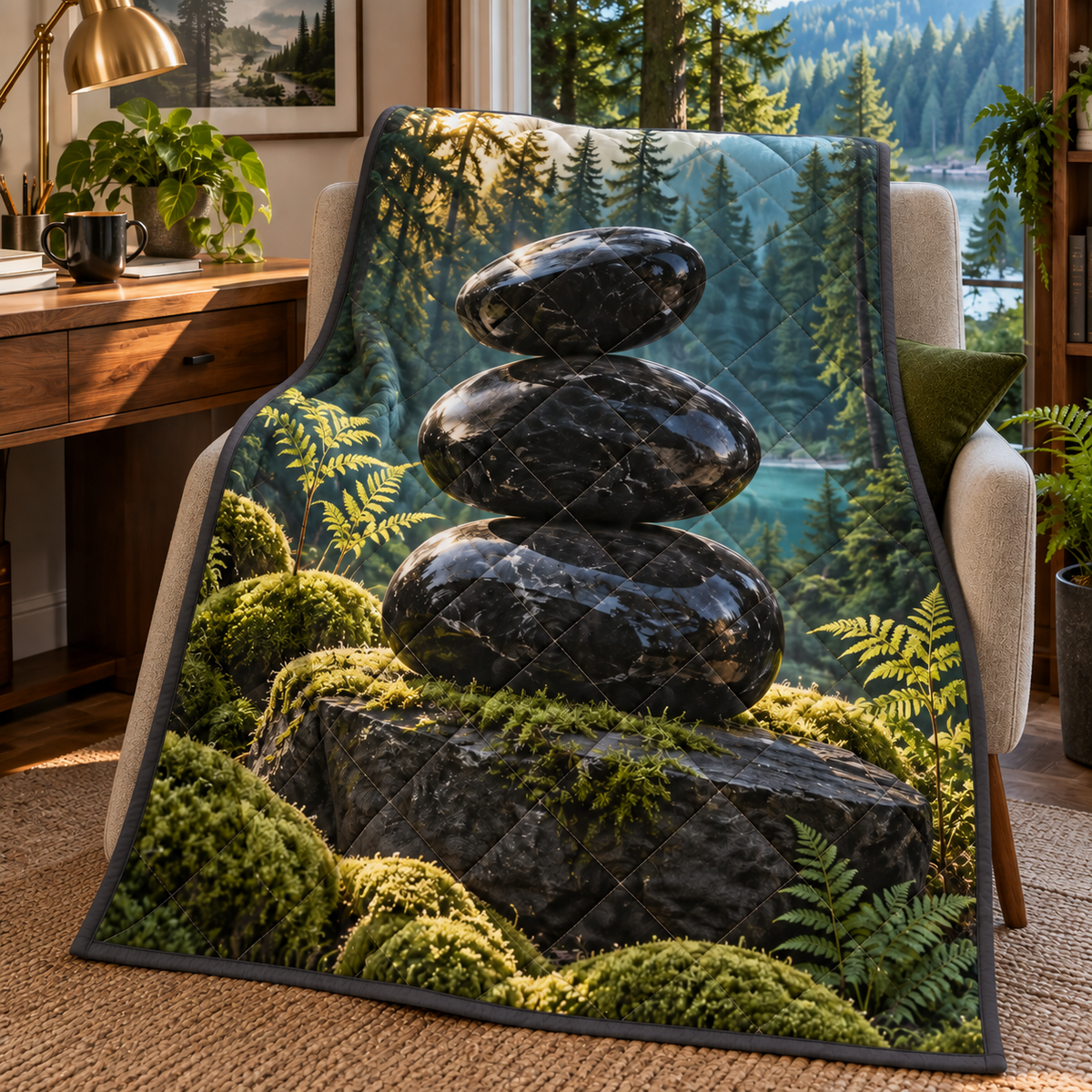 Moss Obsidian Focus Grove Quilt Blanket with printed optical 3D artwork in its use setting