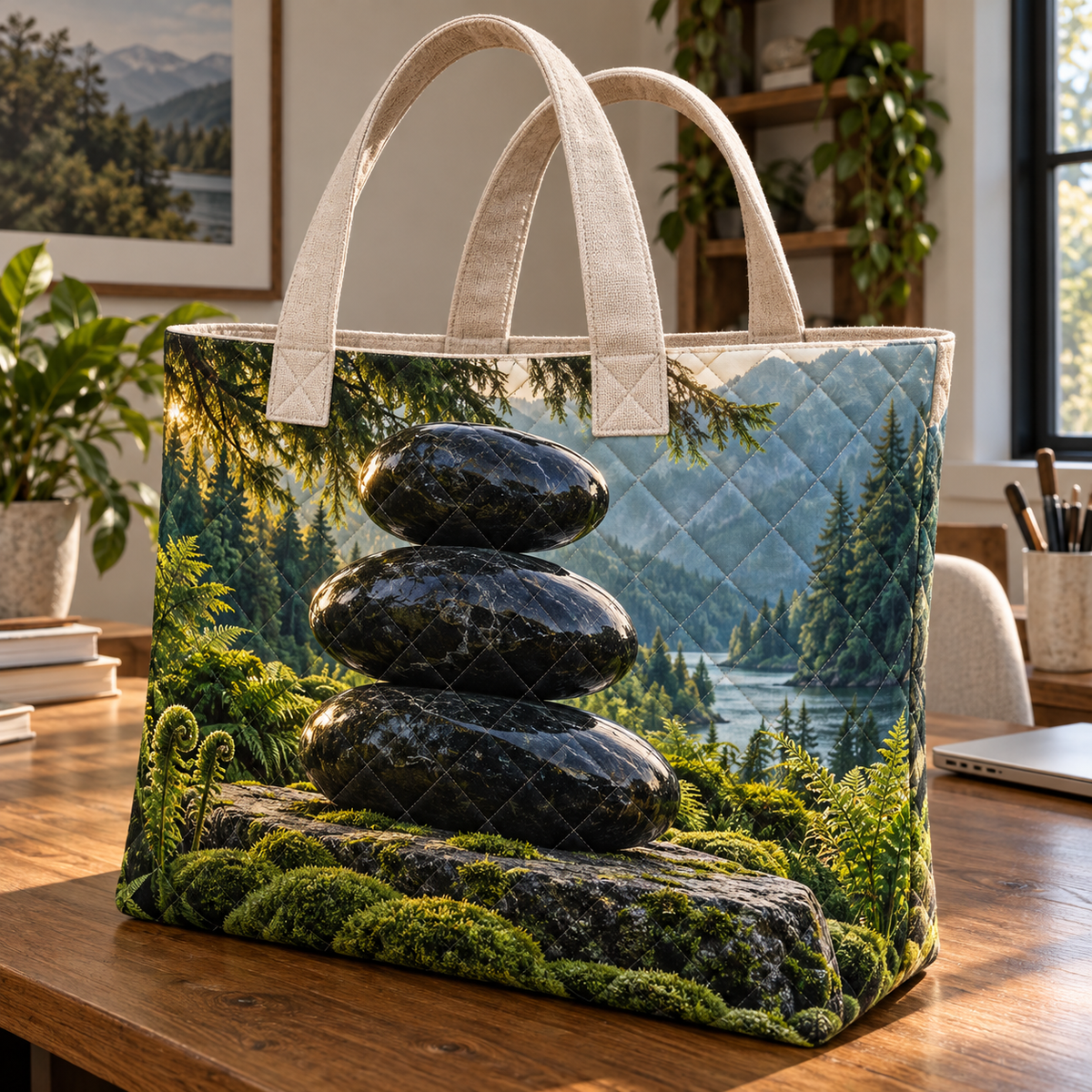 Moss Obsidian Focus Grove Quilted Tote Bag with printed optical 3D artwork in its use setting