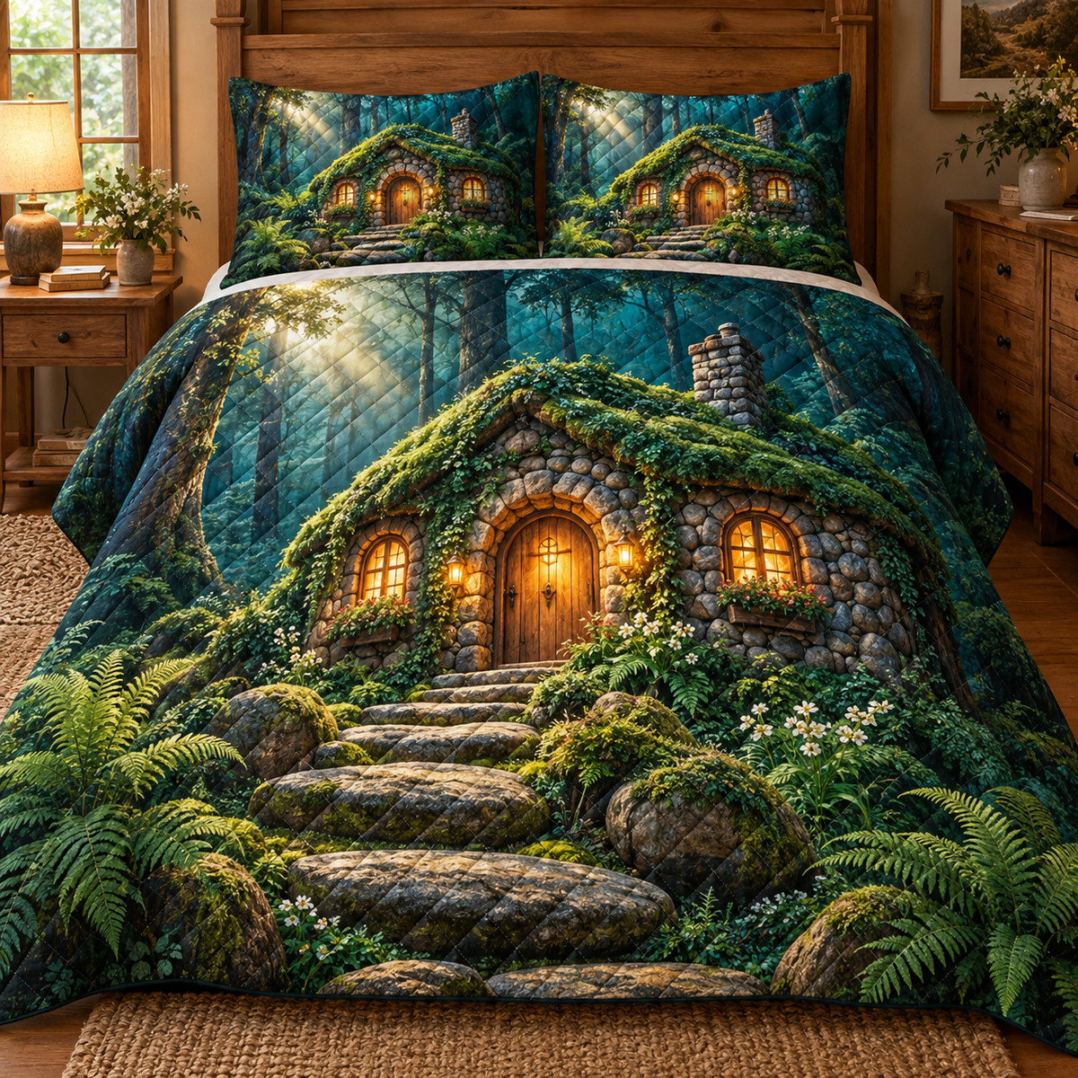Moss Hearth Stone Cottage Quilted Bedding Set with printed optical 3D artwork in its use setting