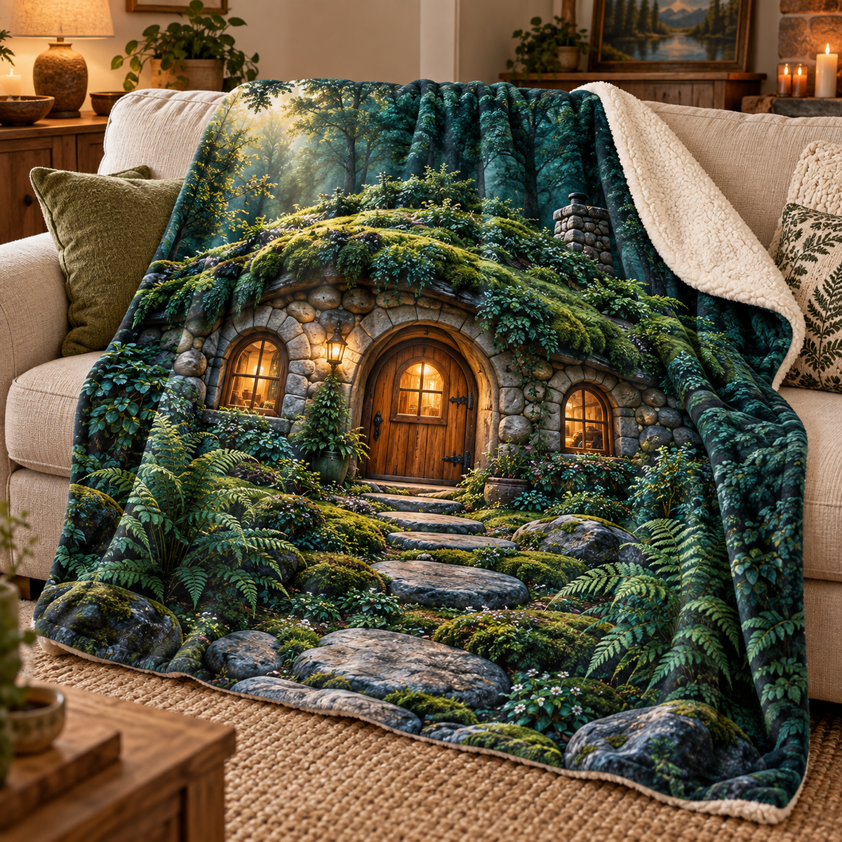 Moss Hearth Stone Cottage Sherpa & Fleece Blanket with printed optical 3D artwork in its use setting