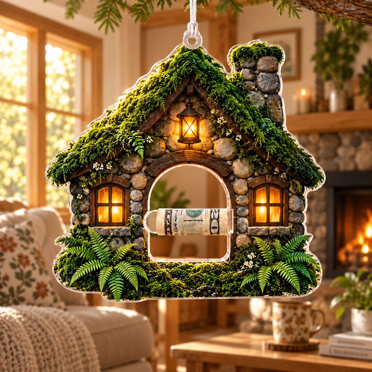 Moss Hearth Stone Cottage Acrylic Cash Holder Ornament with printed optical 3D artwork in its use setting