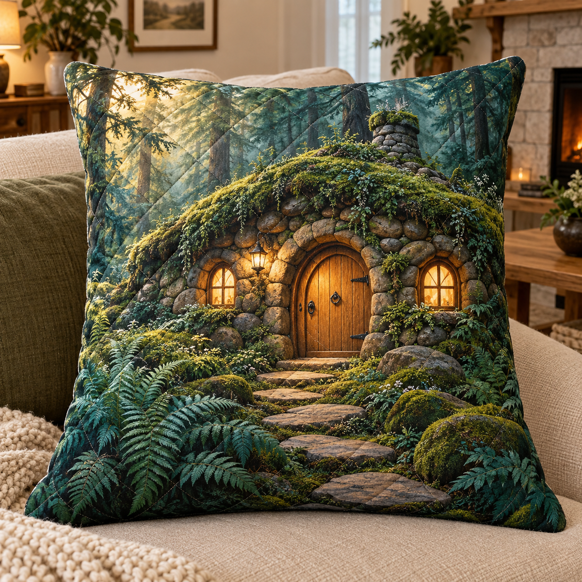 Moss Hearth Stone Cottage Quilted Cushion Cover with printed optical 3D artwork in its use setting