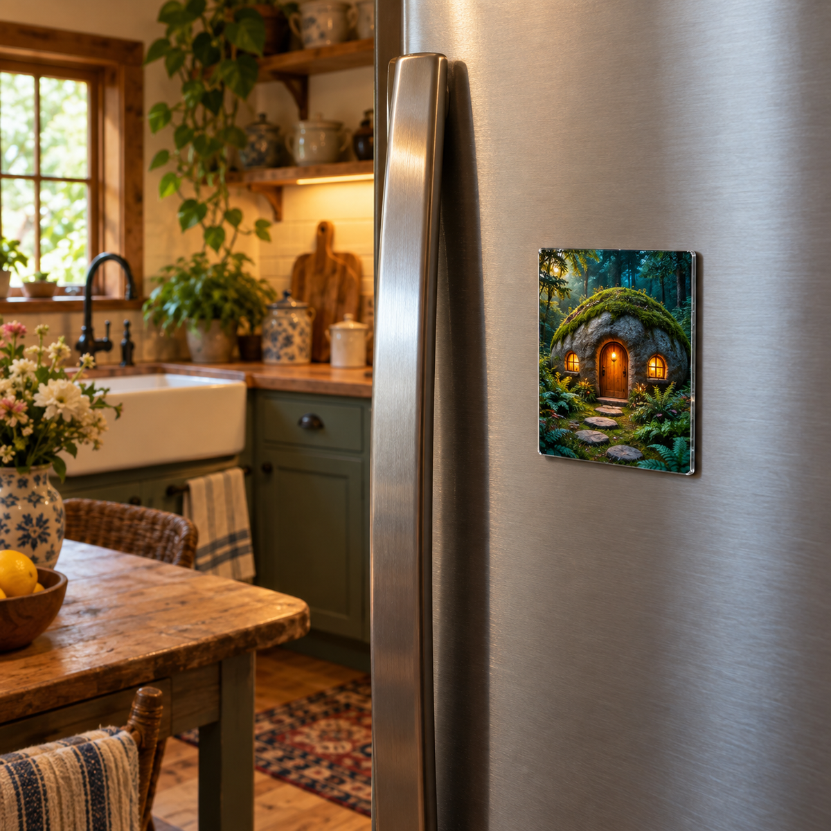Moss Hearth Stone Cottage Acrylic Refrigerator Magnet with printed optical 3D artwork in its use setting