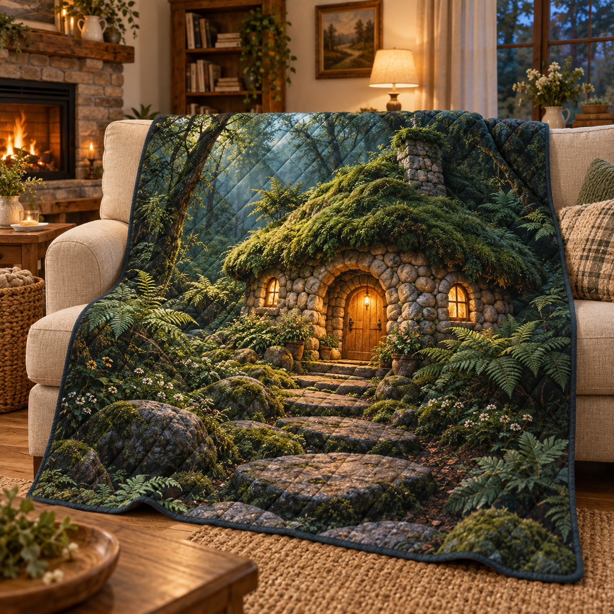Moss Hearth Stone Cottage Quilt Blanket with printed optical 3D artwork in its use setting