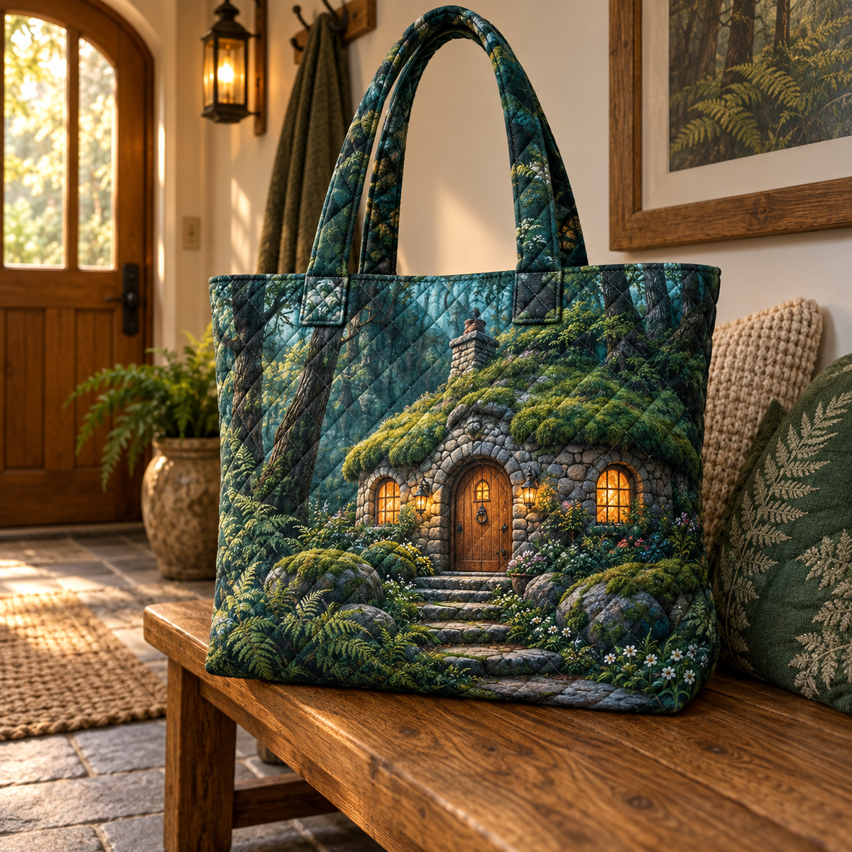 Moss Hearth Stone Cottage Quilted Tote Bag with printed optical 3D artwork in its use setting