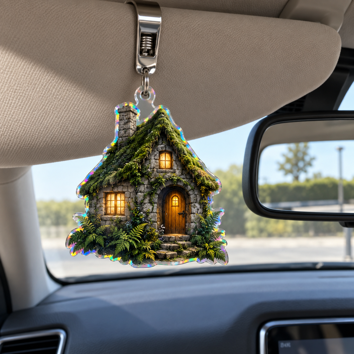 Moss Hearth Stone Cottage Holographic Car Visor Clip with printed optical 3D artwork in its use setting