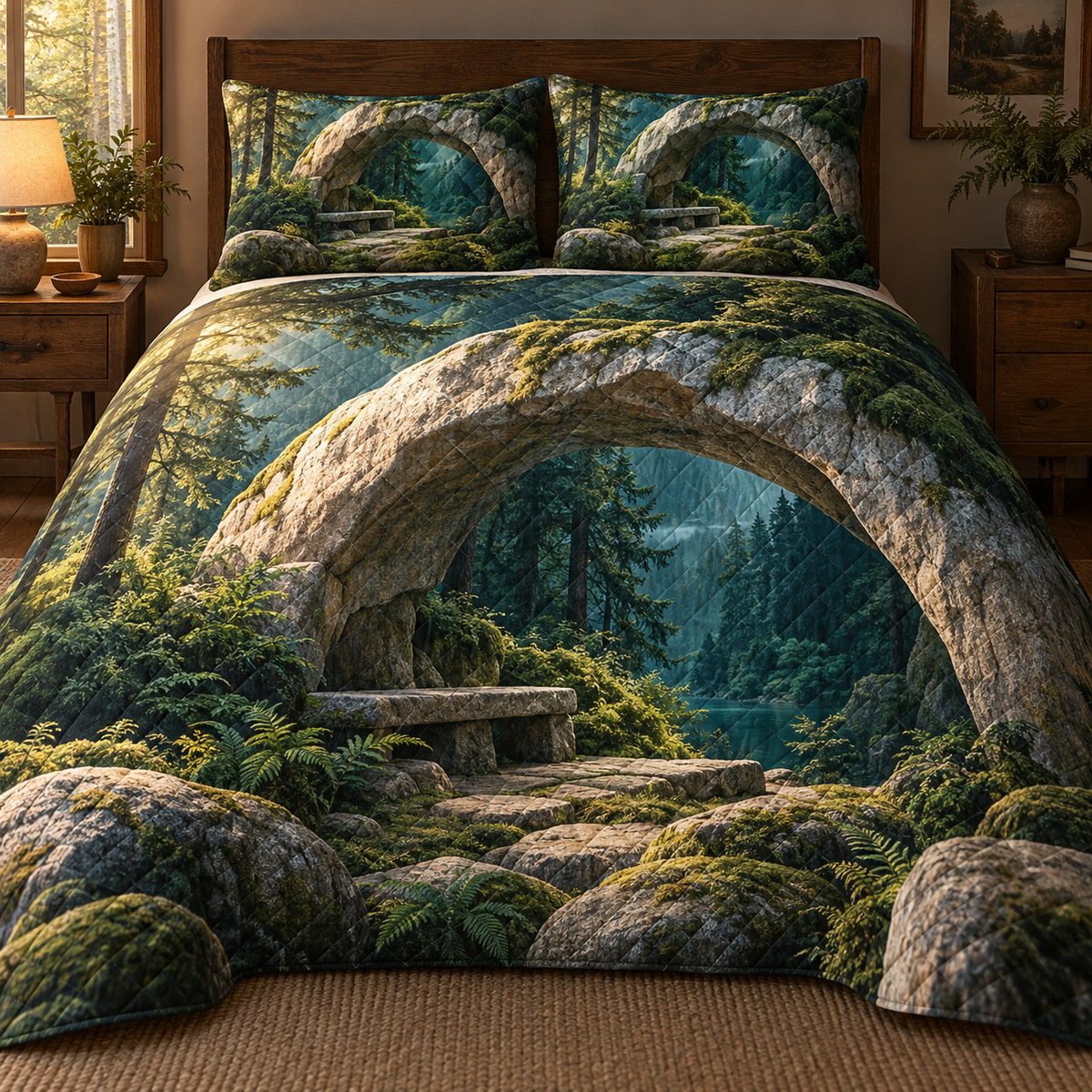 Moss Moonstone Resting Alcove Quilted Bedding Set with printed optical 3D artwork in its use setting